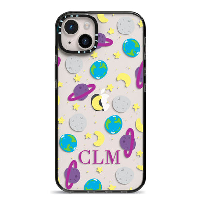Personalised Space Initials iPhone 14 Plus Black Impact Case on Silver phone