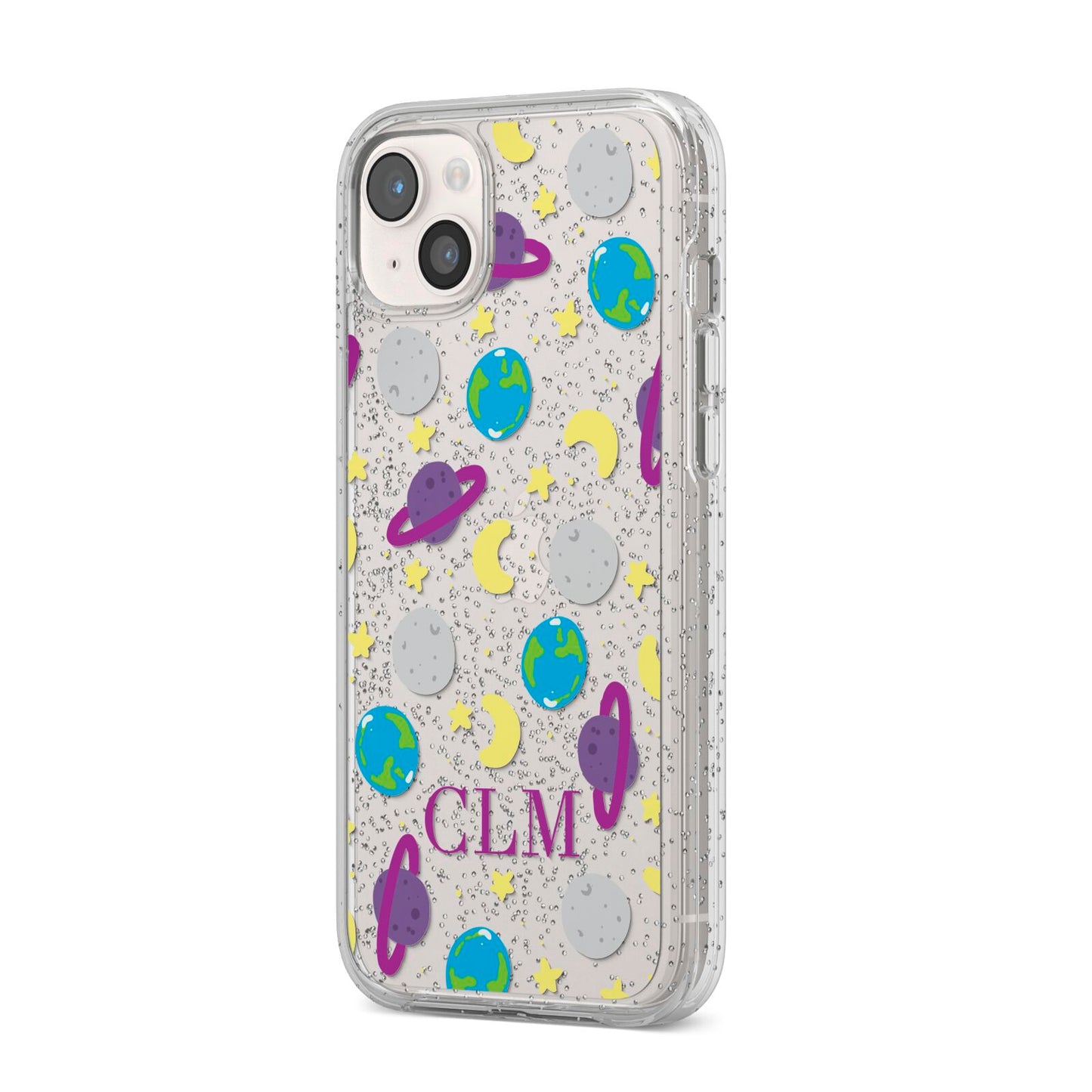 Personalised Space Initials iPhone 14 Plus Glitter Tough Case Starlight Angled Image