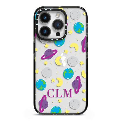 Personalised Space Initials iPhone 14 Pro Black Impact Case on Silver phone