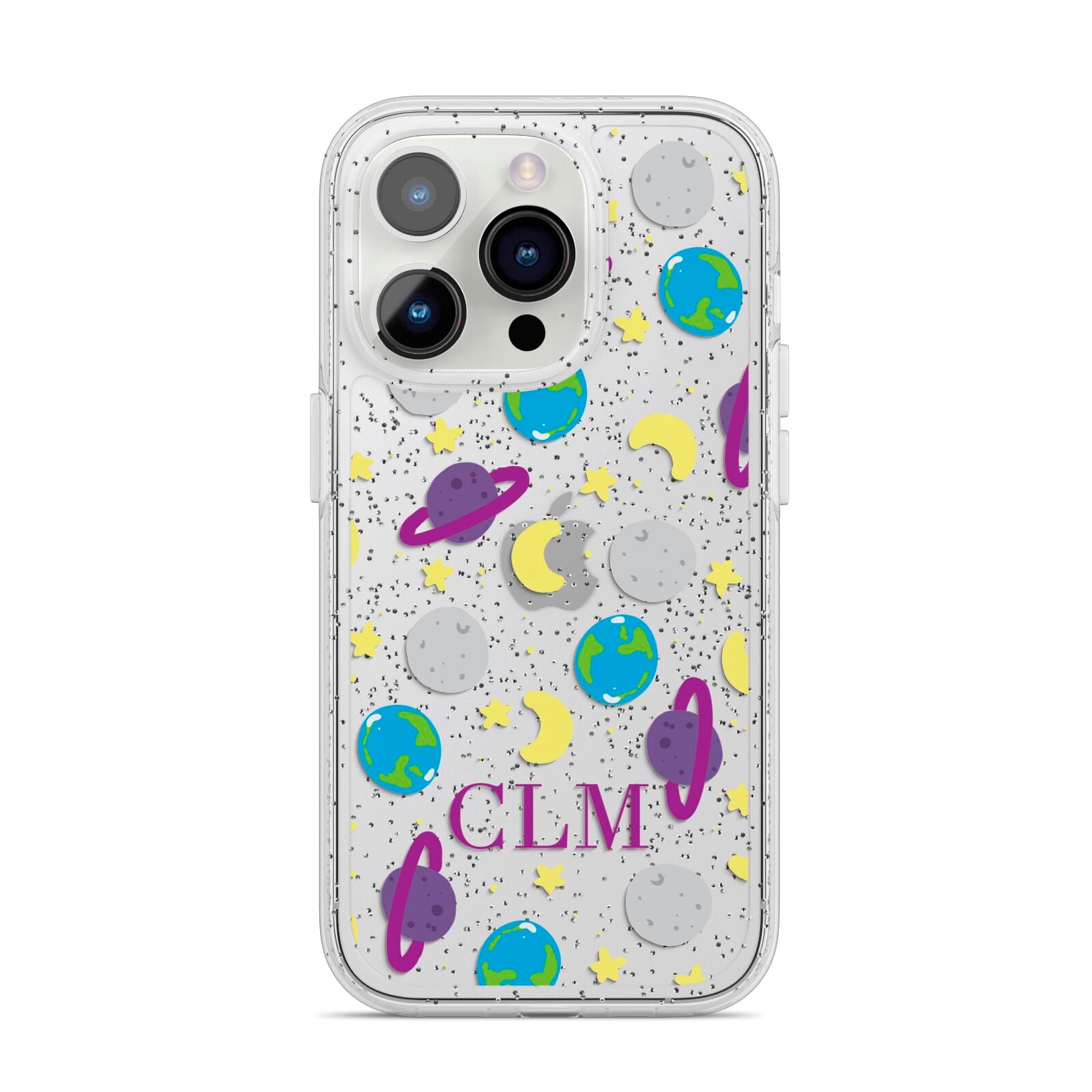 Personalised Space Initials iPhone 14 Pro Glitter Tough Case Silver
