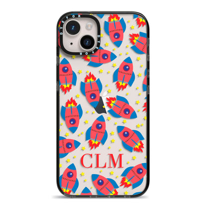 Personalised Space Rocket Initials iPhone 14 Plus Black Impact Case on Silver phone
