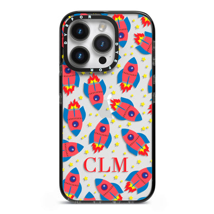 Personalised Space Rocket Initials iPhone 14 Pro Black Impact Case on Silver phone
