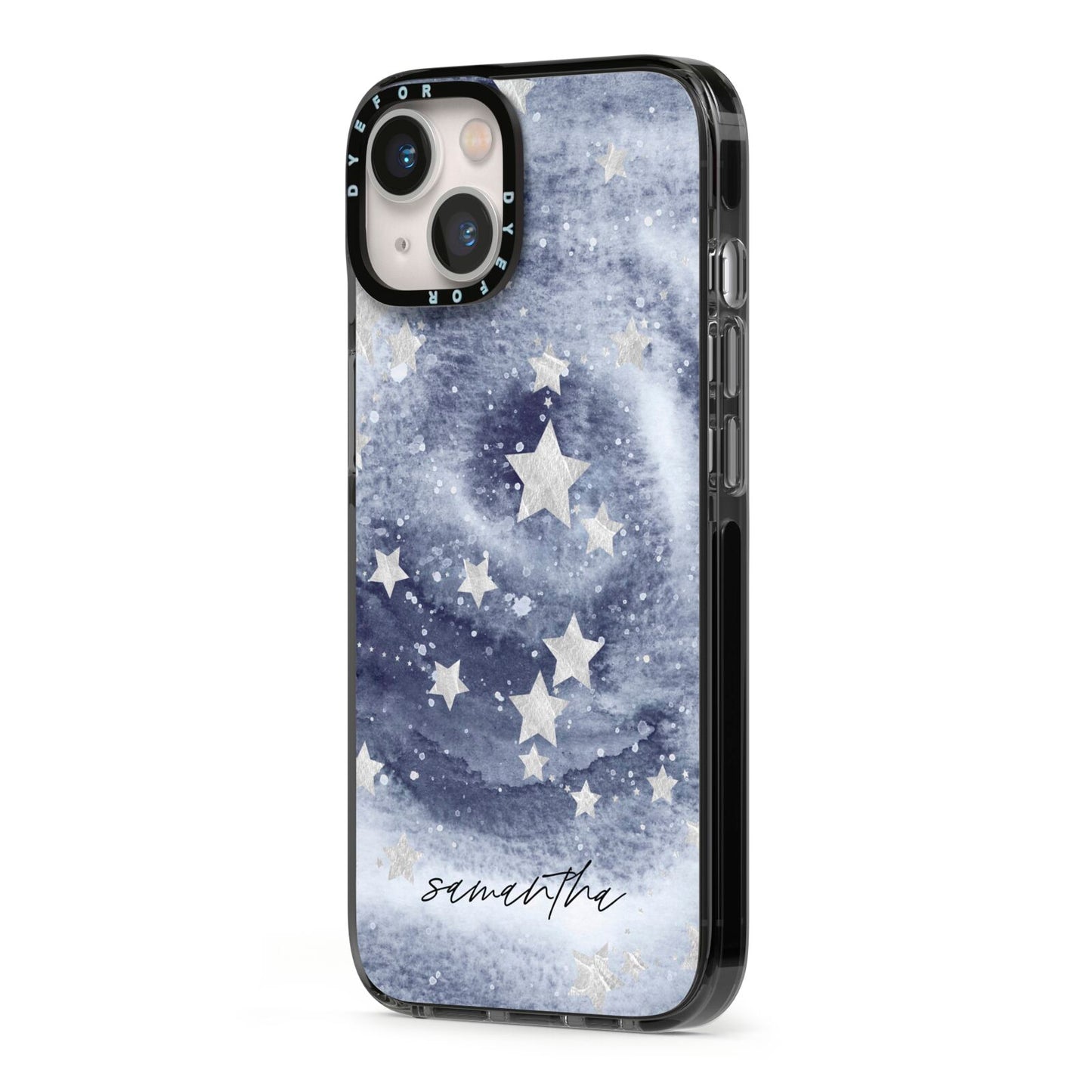 Personalised Space iPhone 13 Black Impact Case Side Angle on Silver phone