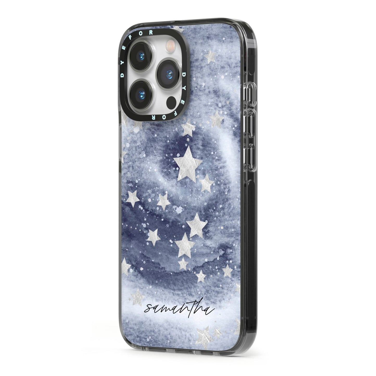 Personalised Space iPhone 13 Pro Black Impact Case Side Angle on Silver phone