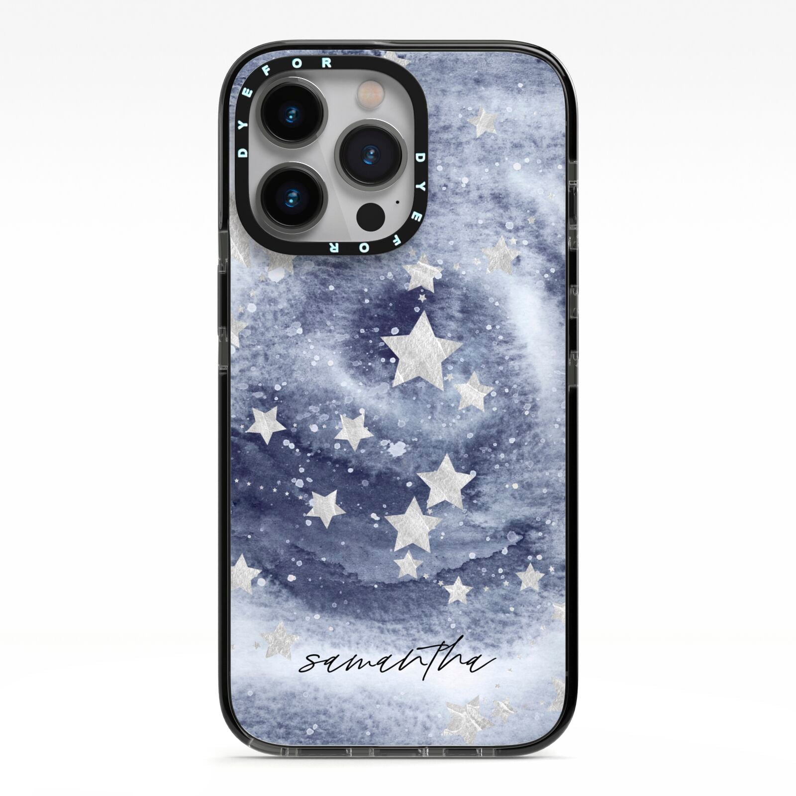 Personalised Space iPhone 13 Pro Black Impact Case on Silver phone