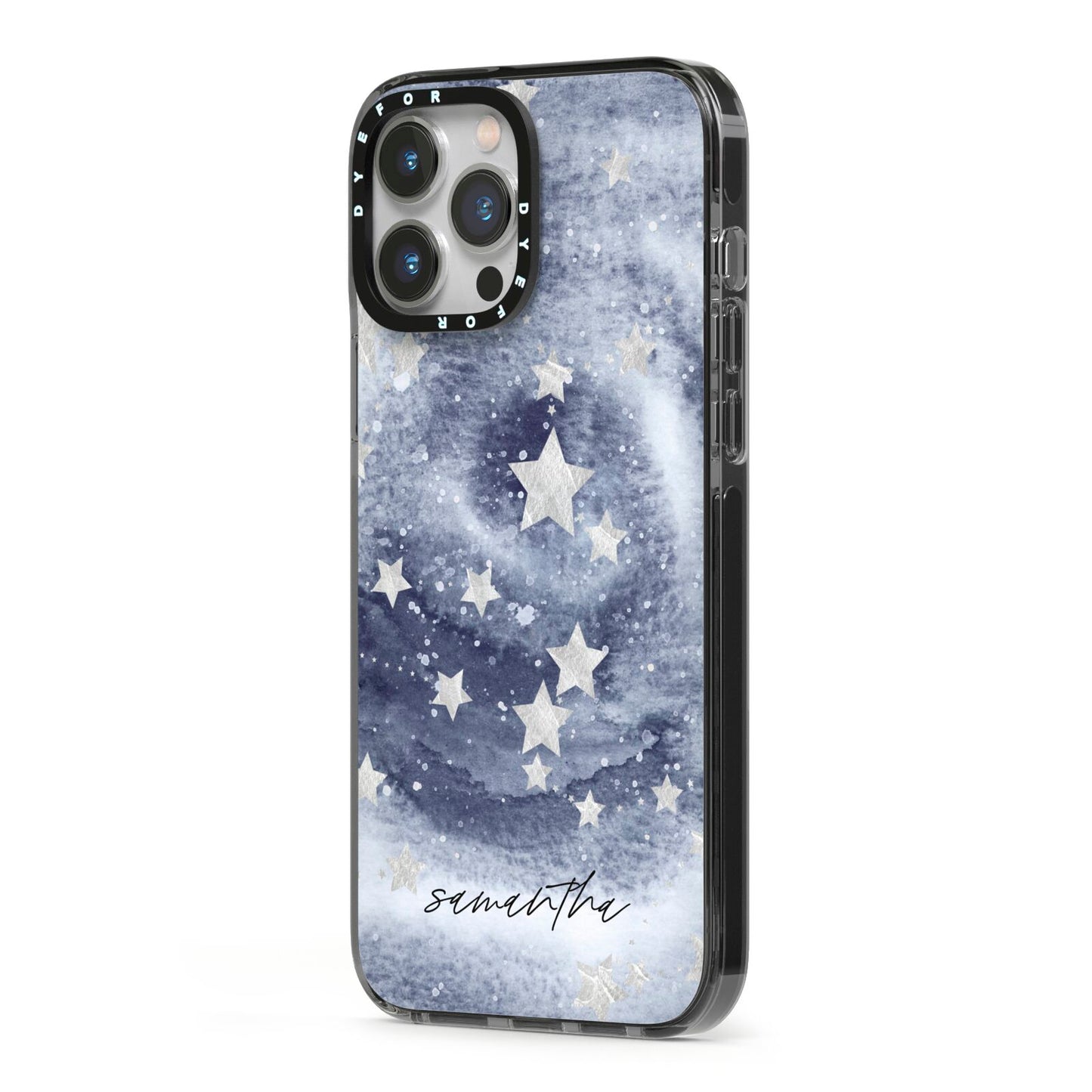 Personalised Space iPhone 13 Pro Max Black Impact Case Side Angle on Silver phone