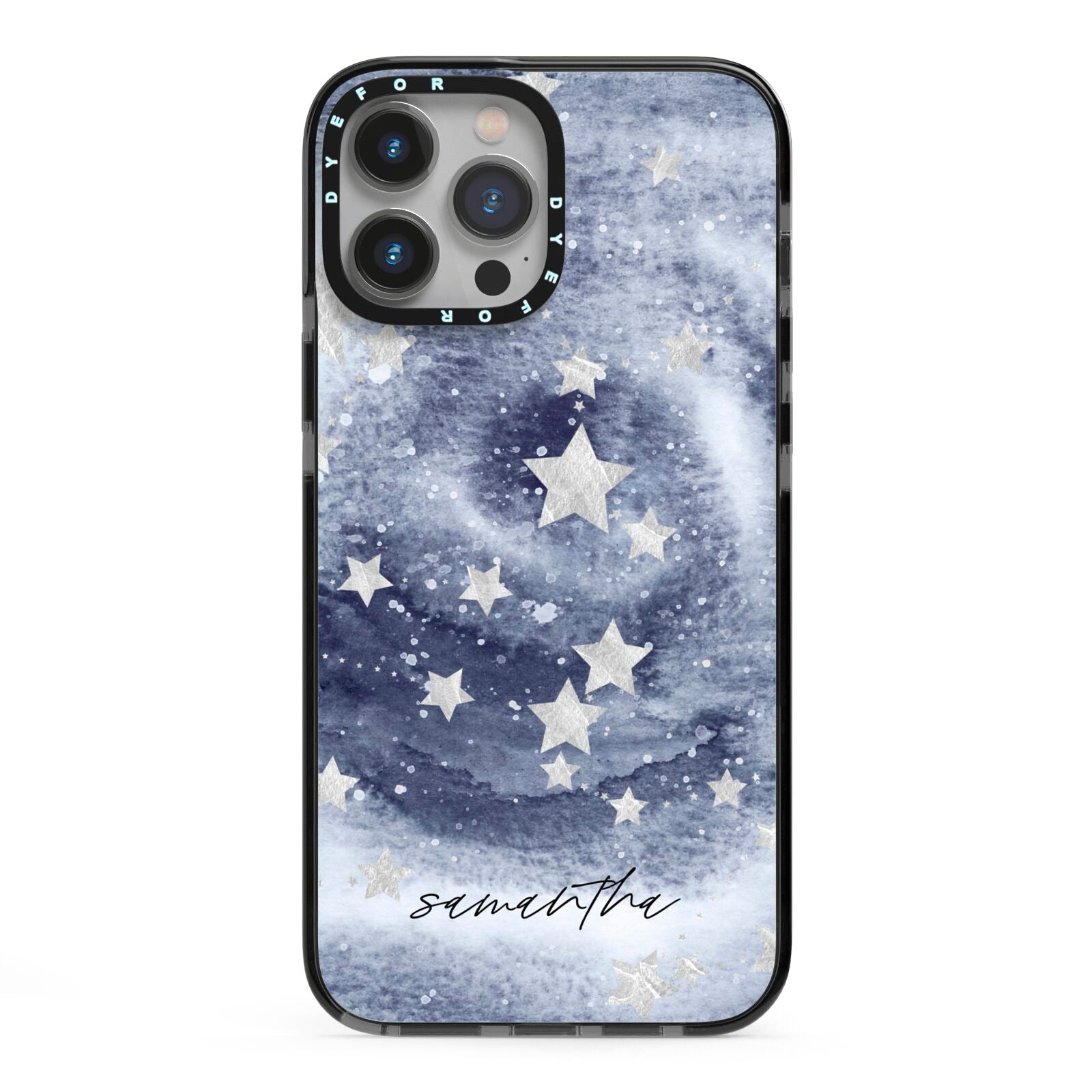 Personalised Space iPhone 13 Pro Max Black Impact Case on Silver phone