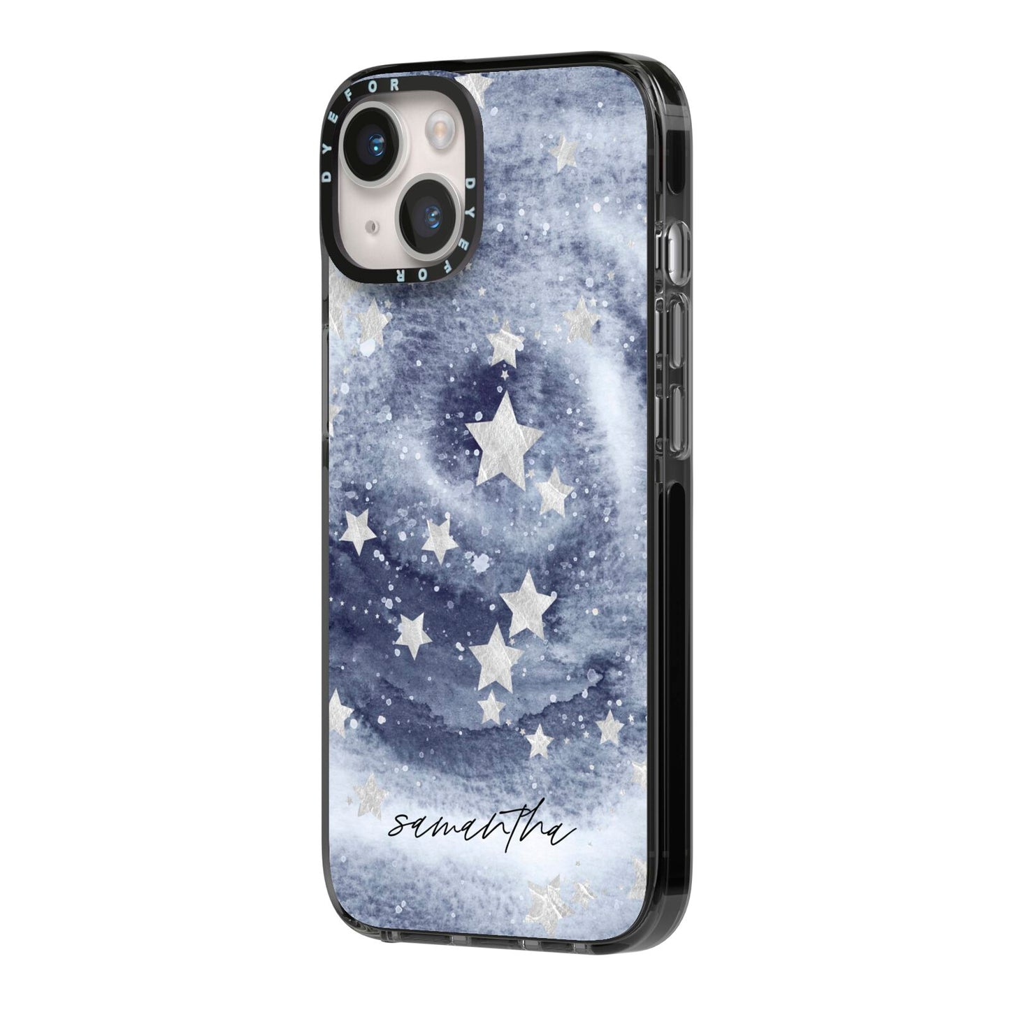 Personalised Space iPhone 14 Black Impact Case Side Angle on Silver phone