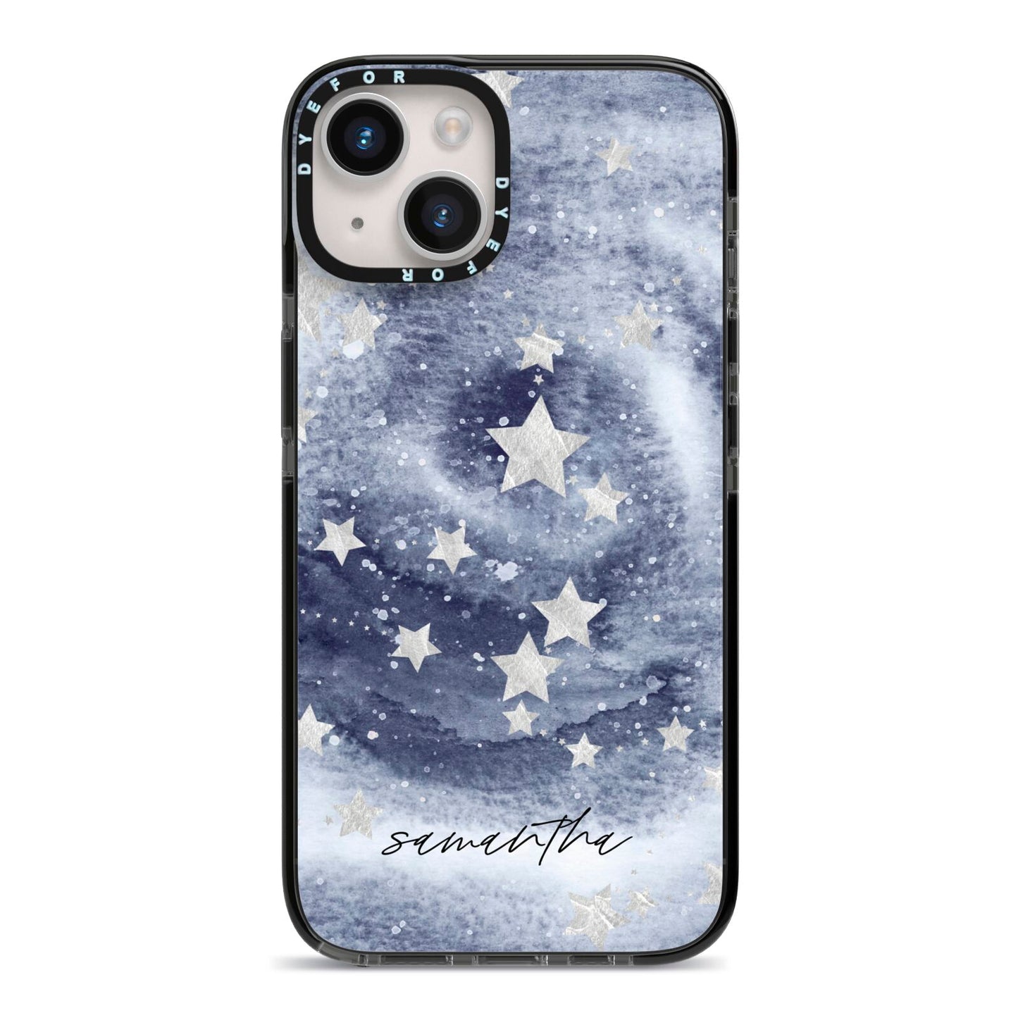 Personalised Space iPhone 14 Black Impact Case on Silver phone