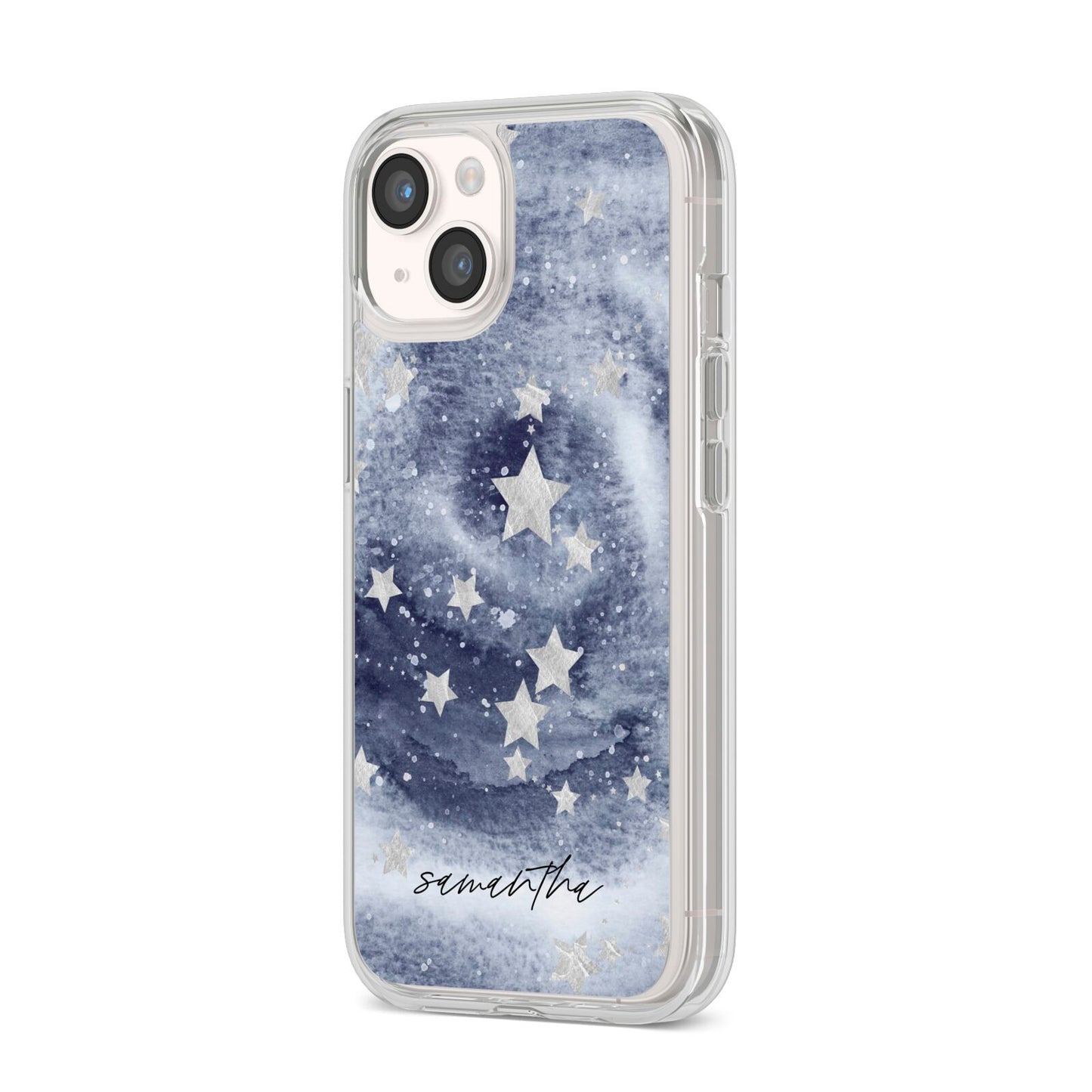 Personalised Space iPhone 14 Clear Tough Case Starlight Angled Image
