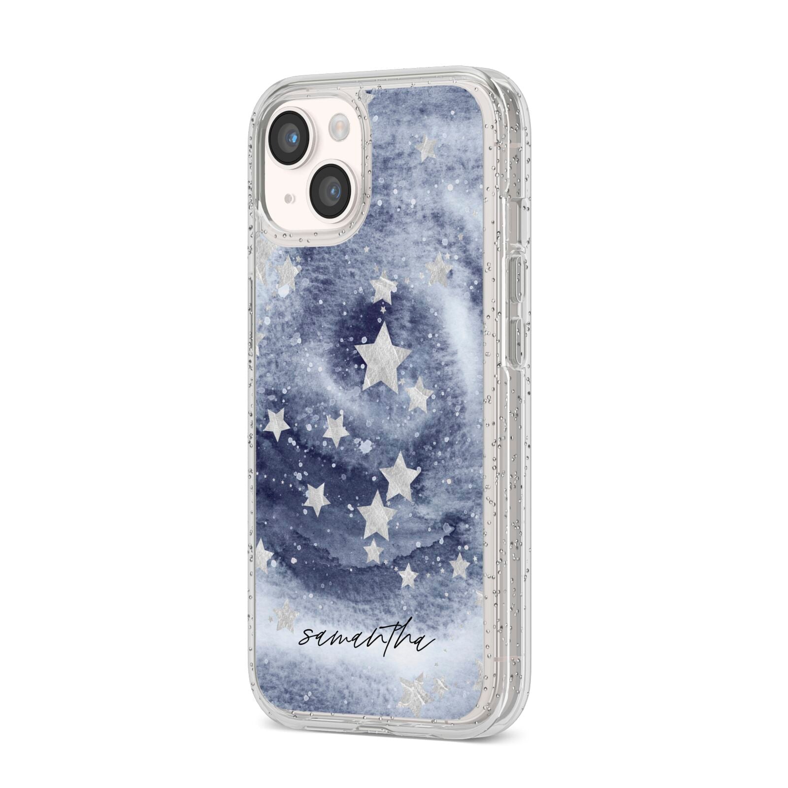 Personalised Space iPhone 14 Glitter Tough Case Starlight Angled Image