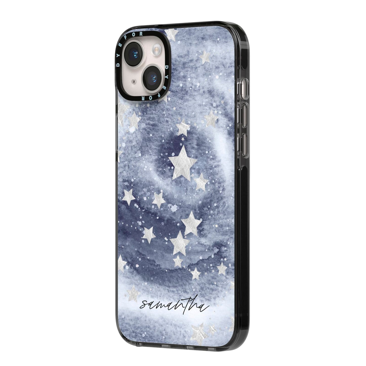 Personalised Space iPhone 14 Plus Black Impact Case Side Angle on Silver phone