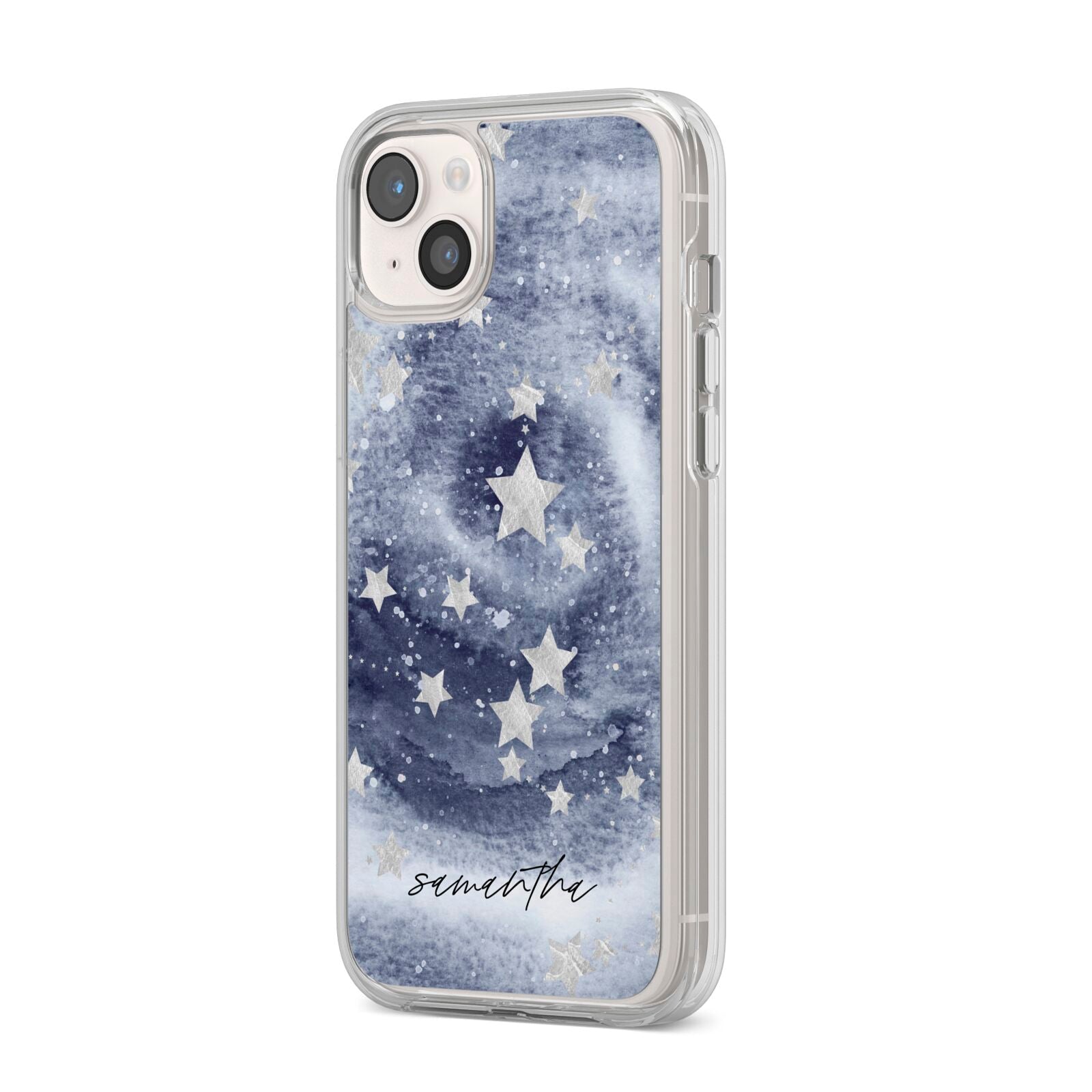 Personalised Space iPhone 14 Plus Clear Tough Case Starlight Angled Image