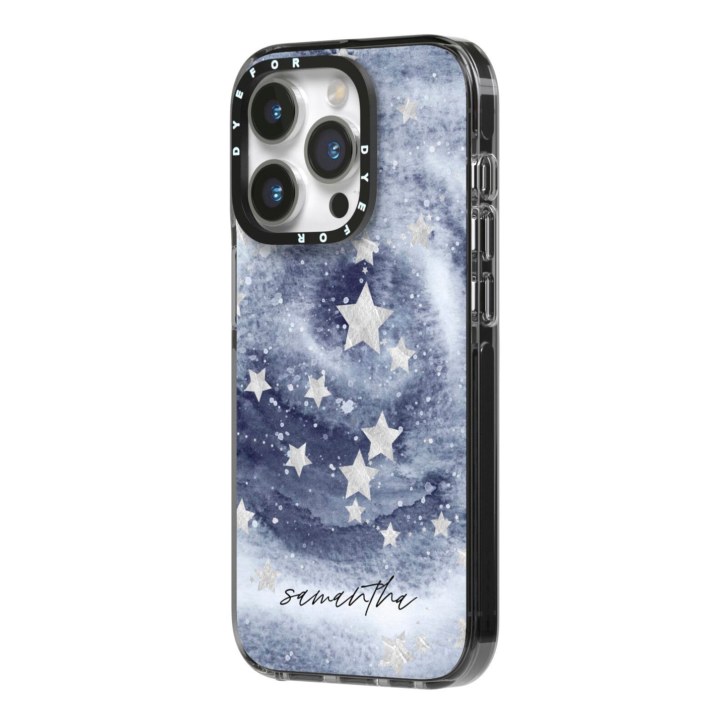 Personalised Space iPhone 14 Pro Black Impact Case Side Angle on Silver phone