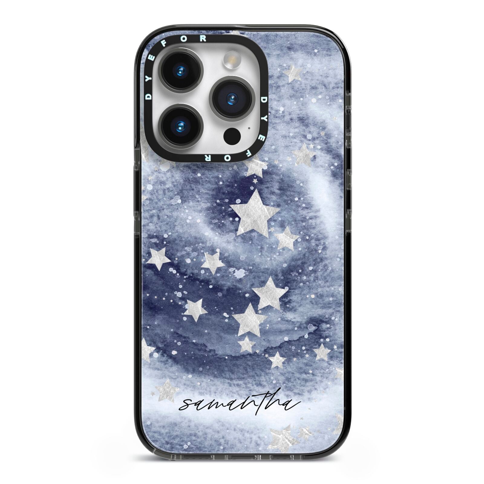 Personalised Space iPhone 14 Pro Black Impact Case on Silver phone
