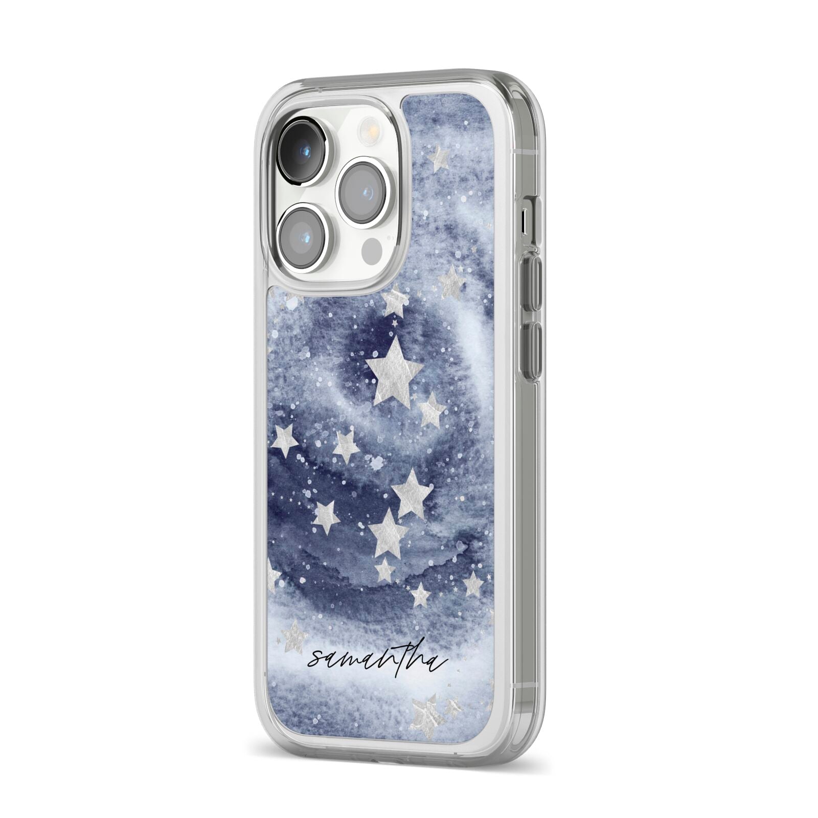 Personalised Space iPhone 14 Pro Clear Tough Case Silver Angled Image