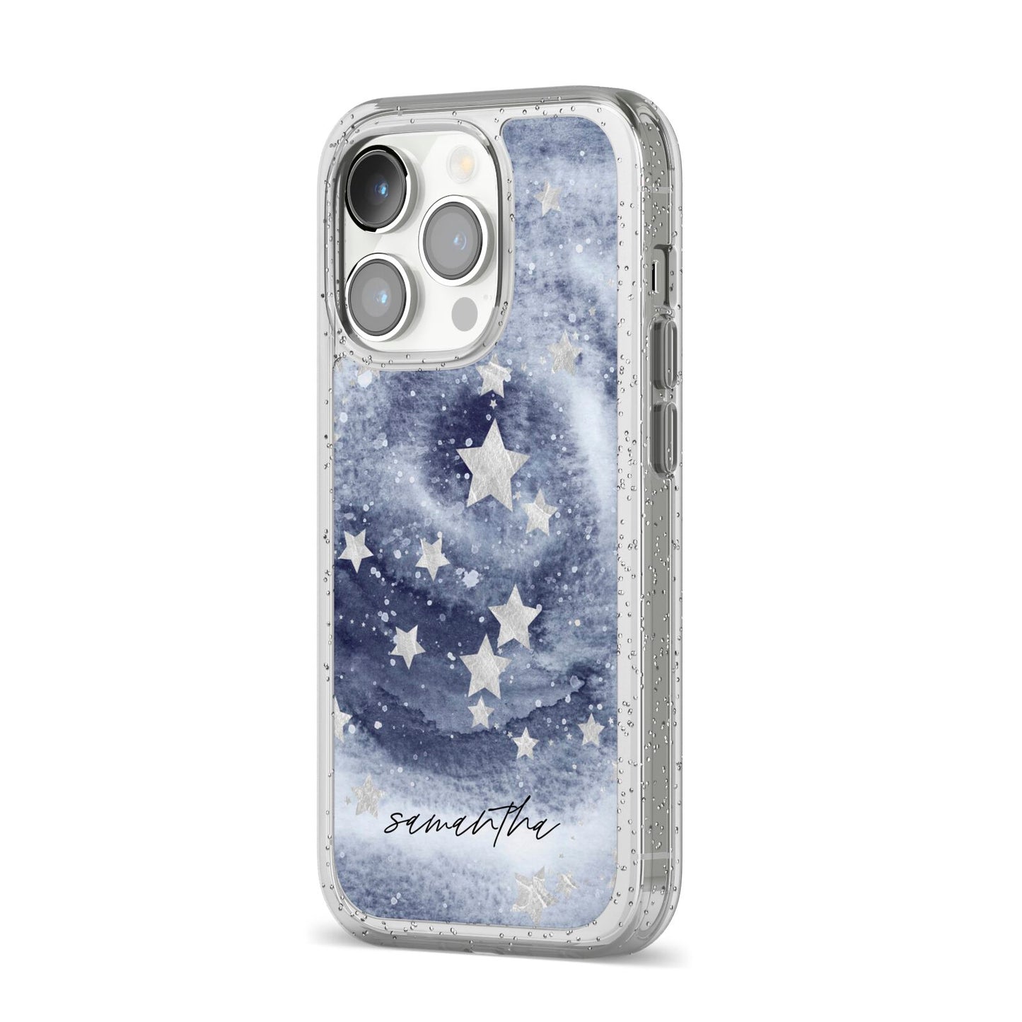 Personalised Space iPhone 14 Pro Glitter Tough Case Silver Angled Image