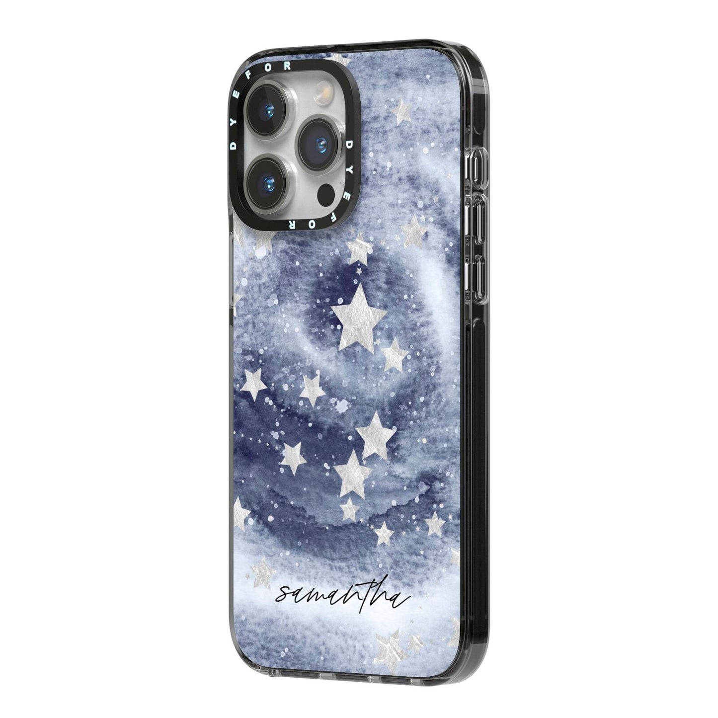 Personalised Space iPhone 14 Pro Max Black Impact Case Side Angle on Silver phone