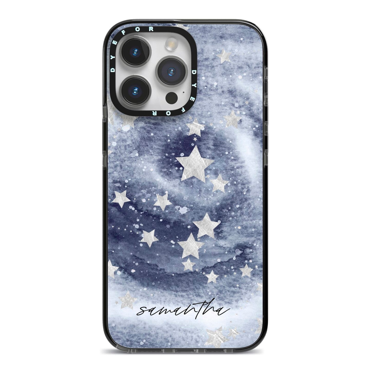 Personalised Space iPhone 14 Pro Max Black Impact Case on Silver phone