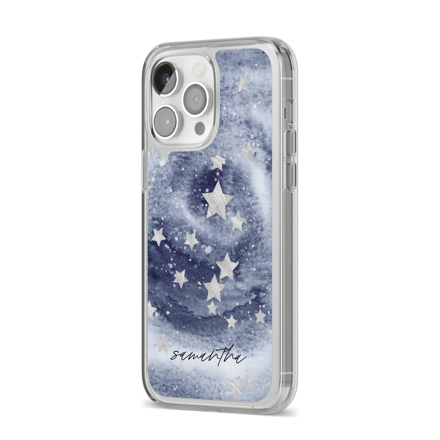 Personalised Space iPhone 14 Pro Max Clear Tough Case Silver Angled Image