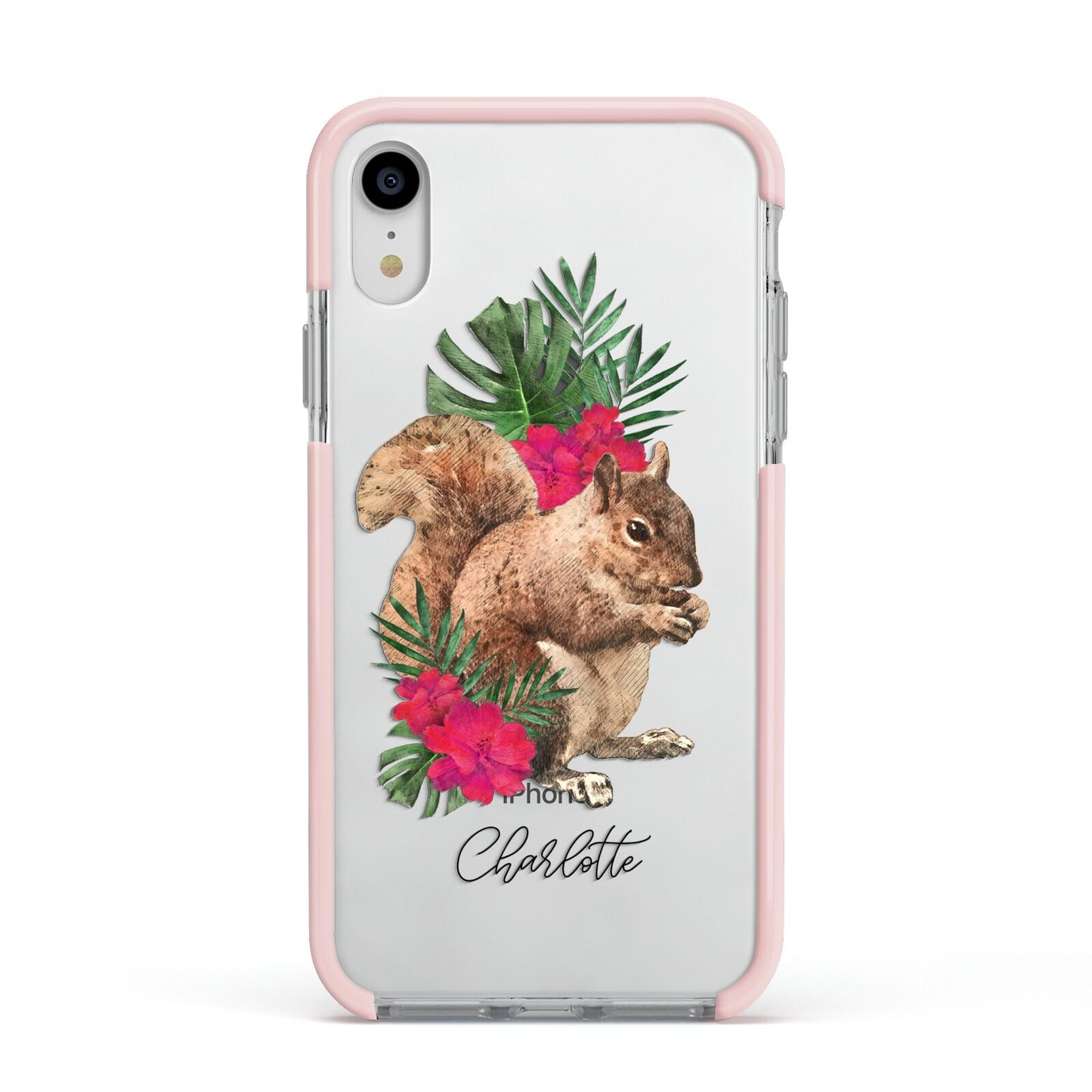 Personalised Squirrel Apple iPhone XR Impact Case Pink Edge on Silver Phone