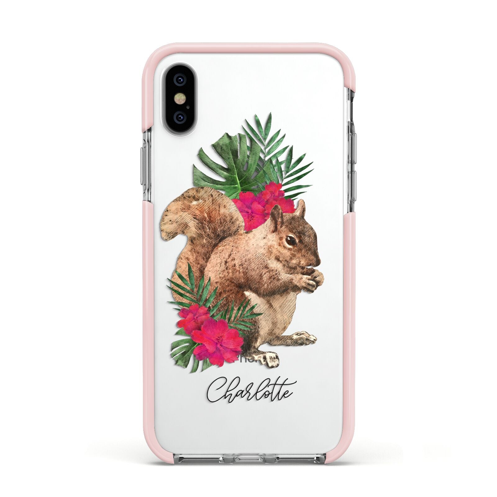 Personalised Squirrel Apple iPhone Xs Impact Case Pink Edge on Silver Phone