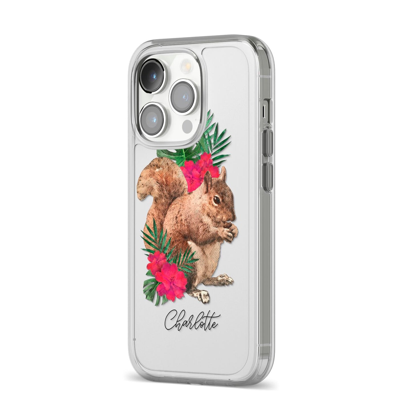 Personalised Squirrel iPhone 14 Pro Clear Tough Case Silver Angled Image