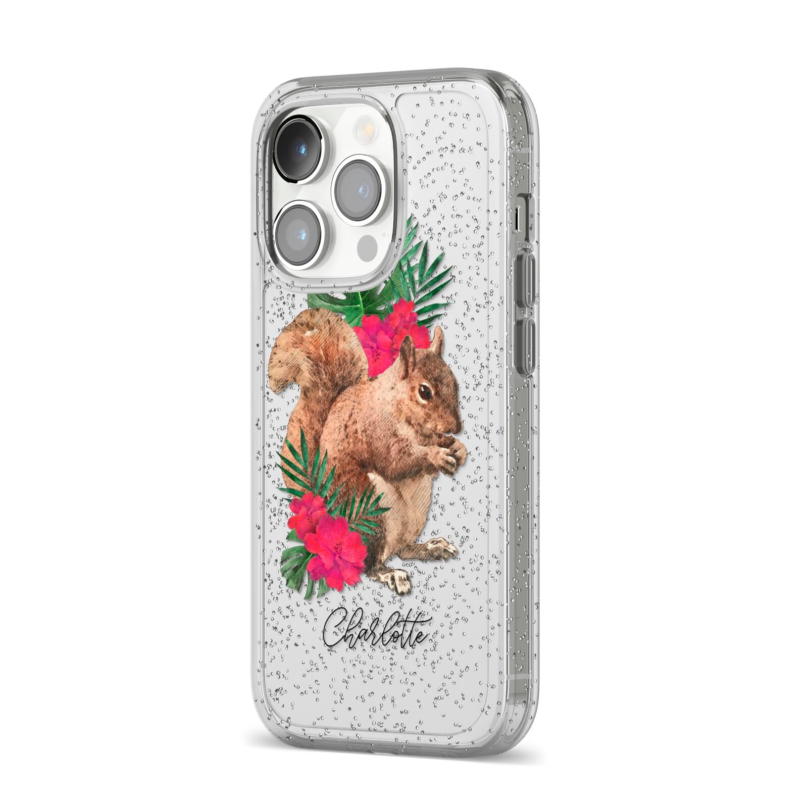 Personalised Squirrel iPhone 14 Pro Glitter Tough Case Silver Angled Image