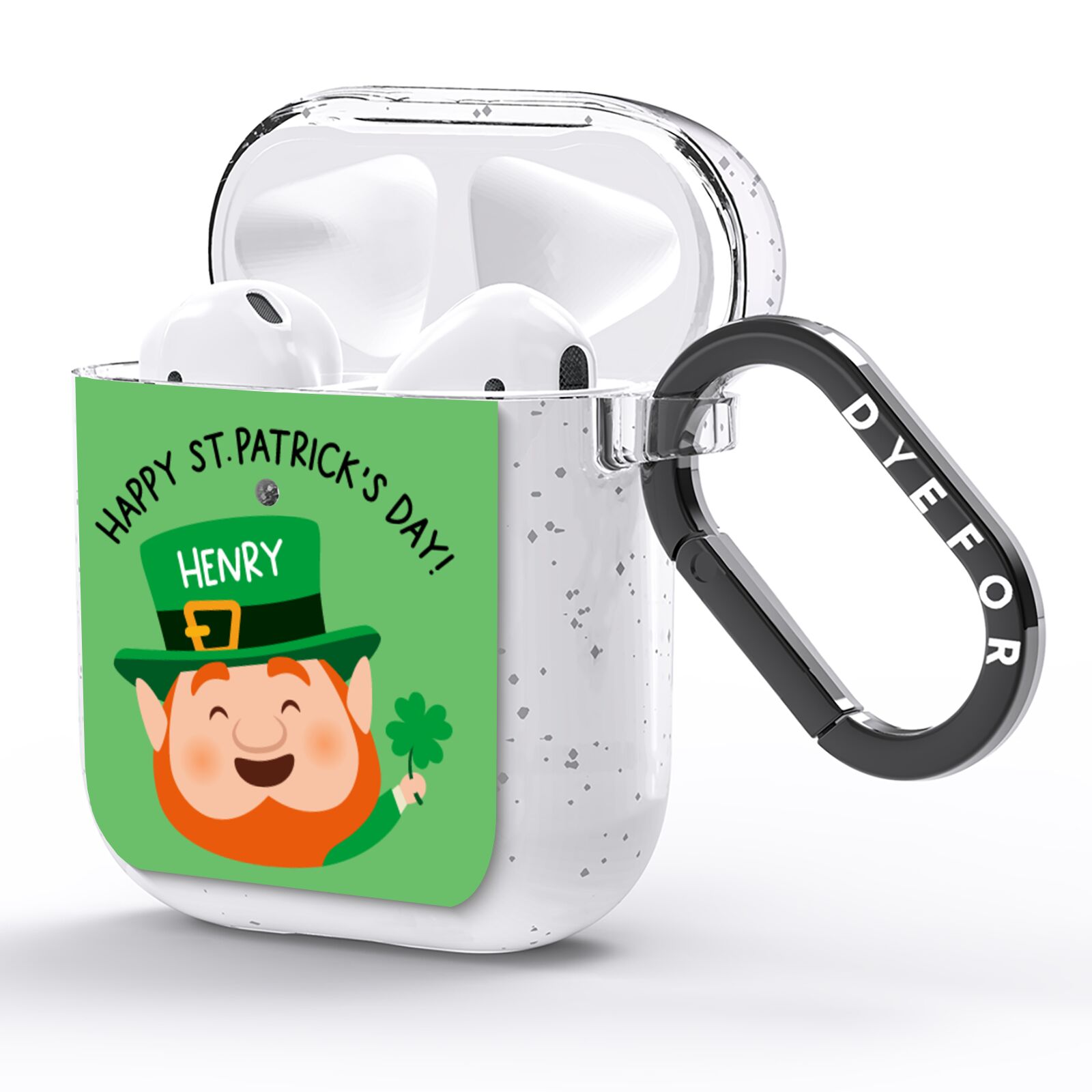 Personalised St Patricks Day Leprechaun AirPods Glitter Case Side Image