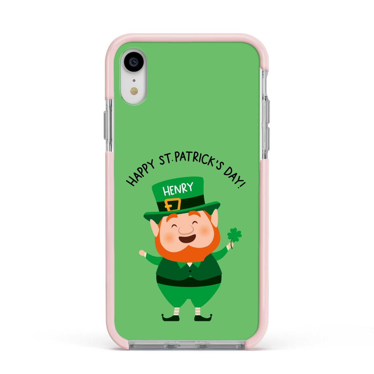 Personalised St Patricks Day Leprechaun Apple iPhone XR Impact Case Pink Edge on Silver Phone