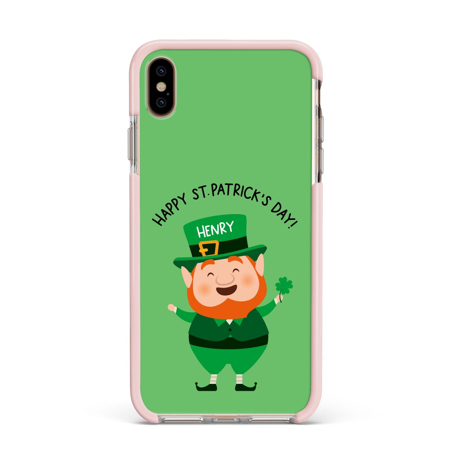 Personalised St Patricks Day Leprechaun Apple iPhone Xs Max Impact Case Pink Edge on Gold Phone