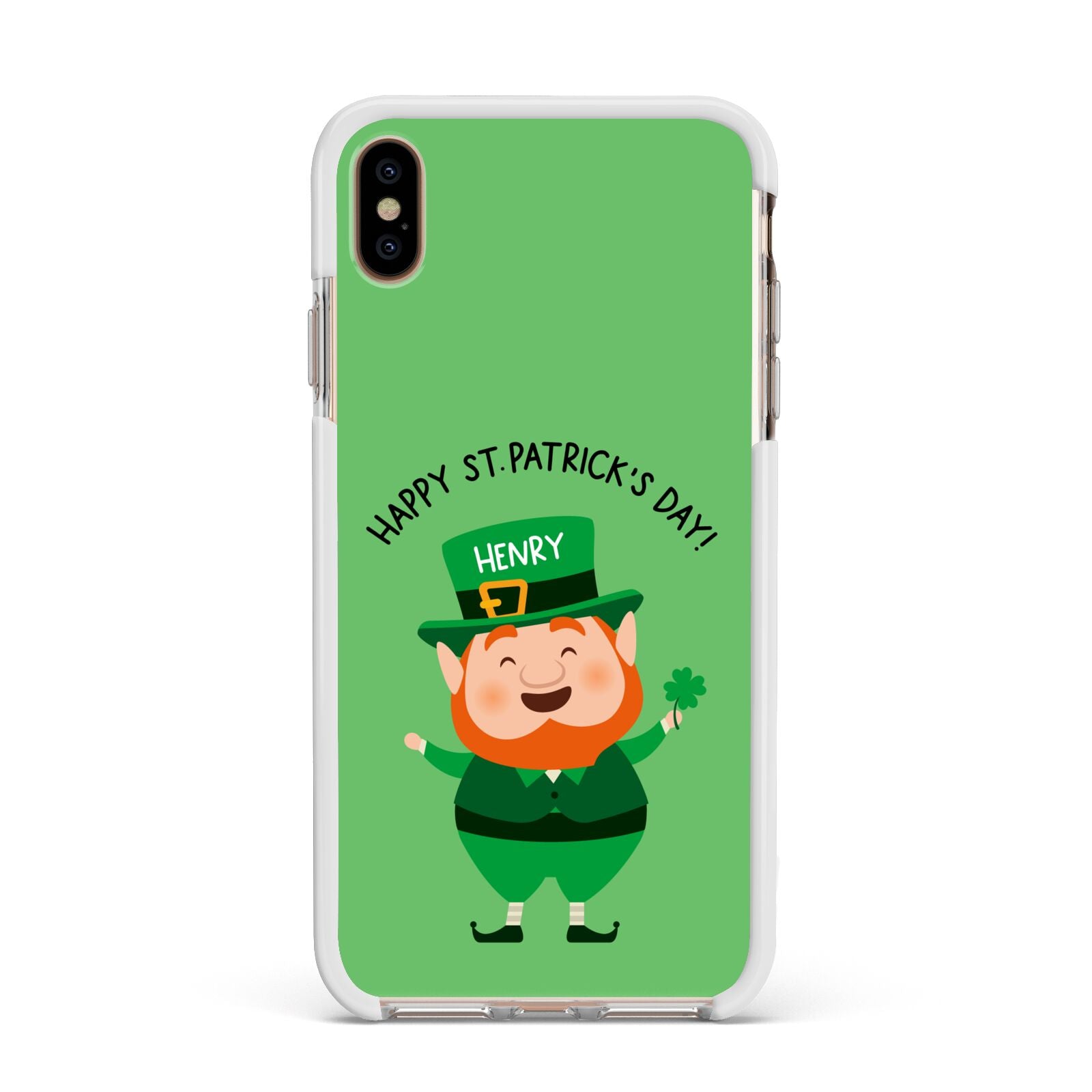 Personalised St Patricks Day Leprechaun Apple iPhone Xs Max Impact Case White Edge on Gold Phone