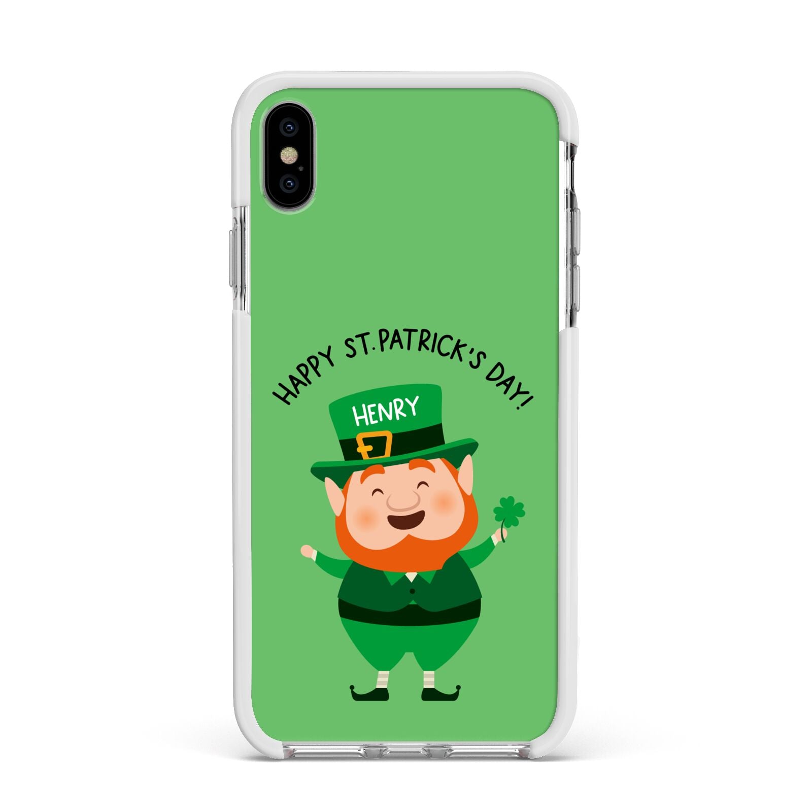 Personalised St Patricks Day Leprechaun Apple iPhone Xs Max Impact Case White Edge on Silver Phone