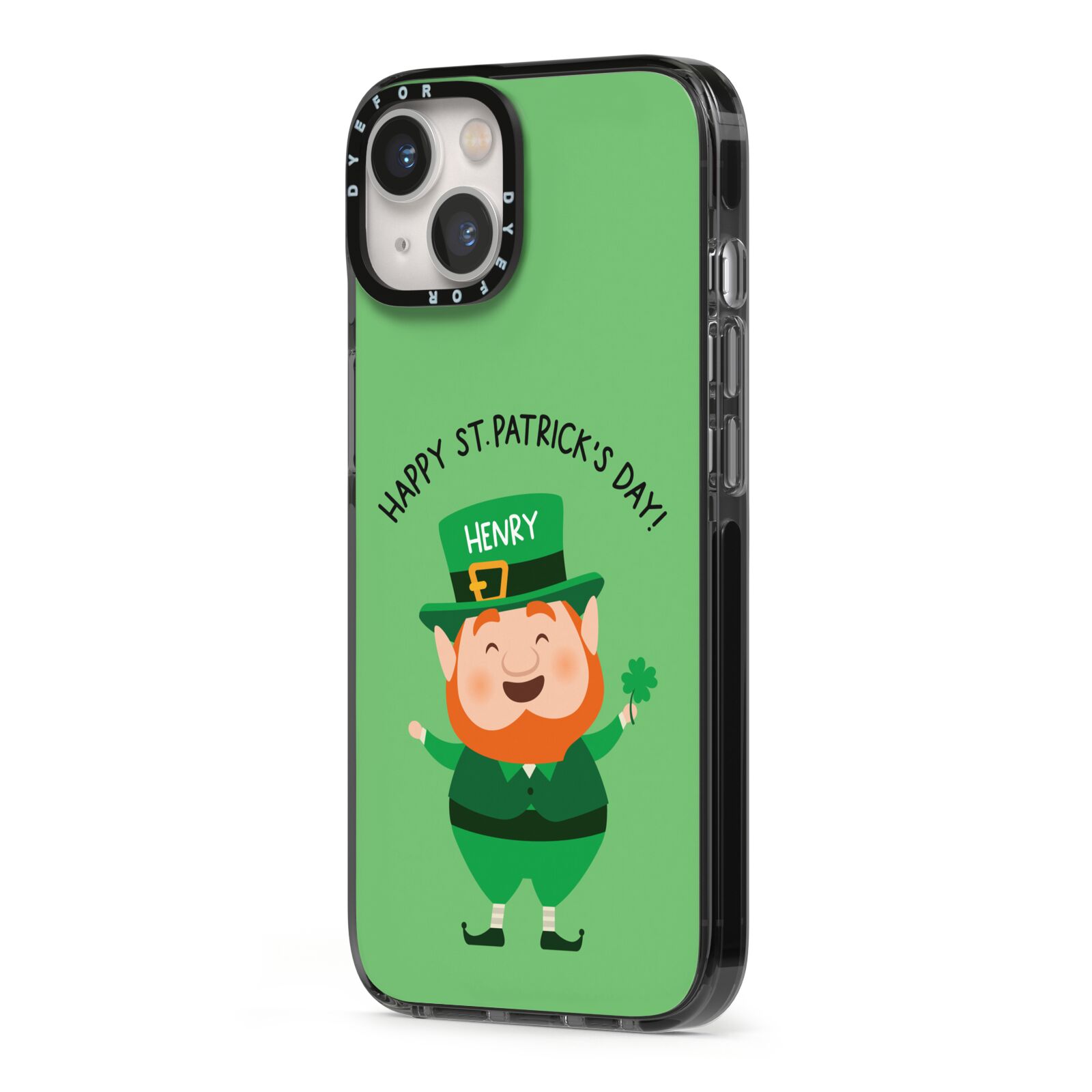 Personalised St Patricks Day Leprechaun iPhone 13 Black Impact Case Side Angle on Silver phone
