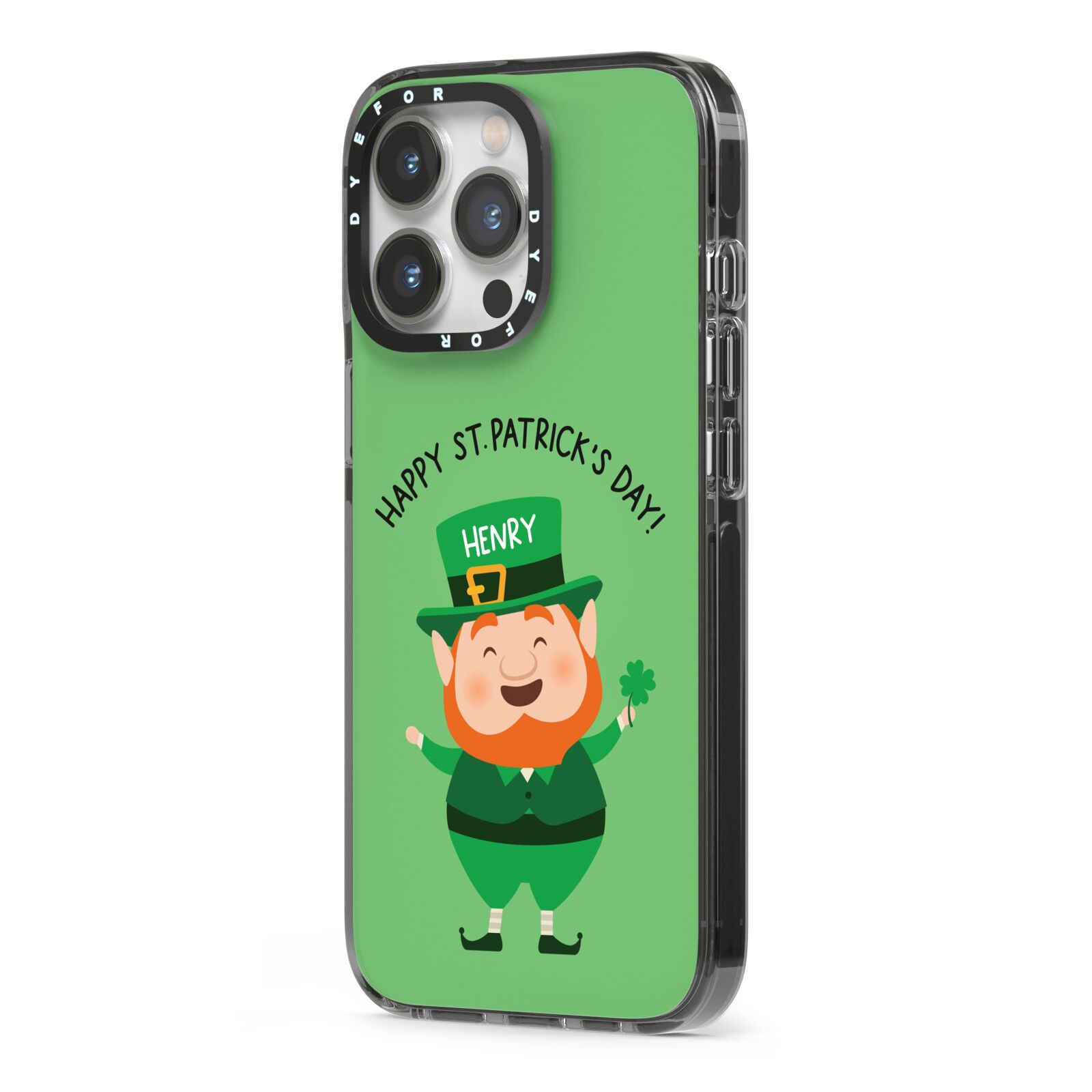 Personalised St Patricks Day Leprechaun iPhone 13 Pro Black Impact Case Side Angle on Silver phone