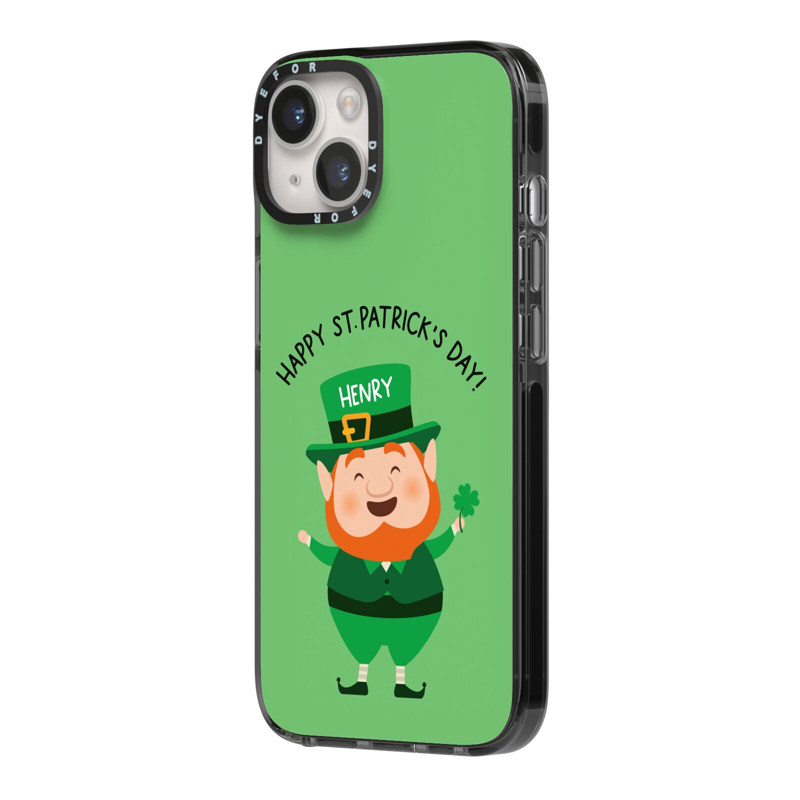 Personalised St Patricks Day Leprechaun iPhone 14 Black Impact Case Side Angle on Silver phone