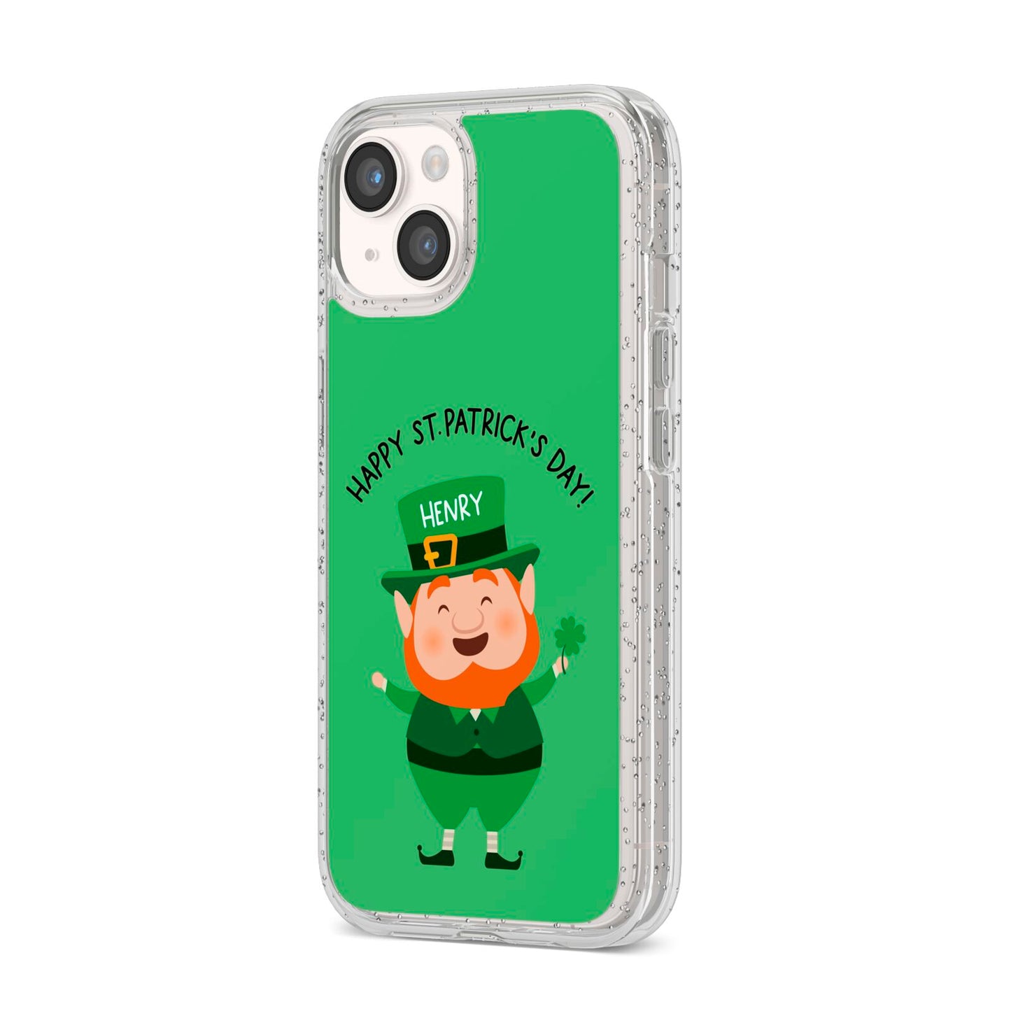 Personalised St Patricks Day Leprechaun iPhone 14 Glitter Tough Case Starlight Angled Image