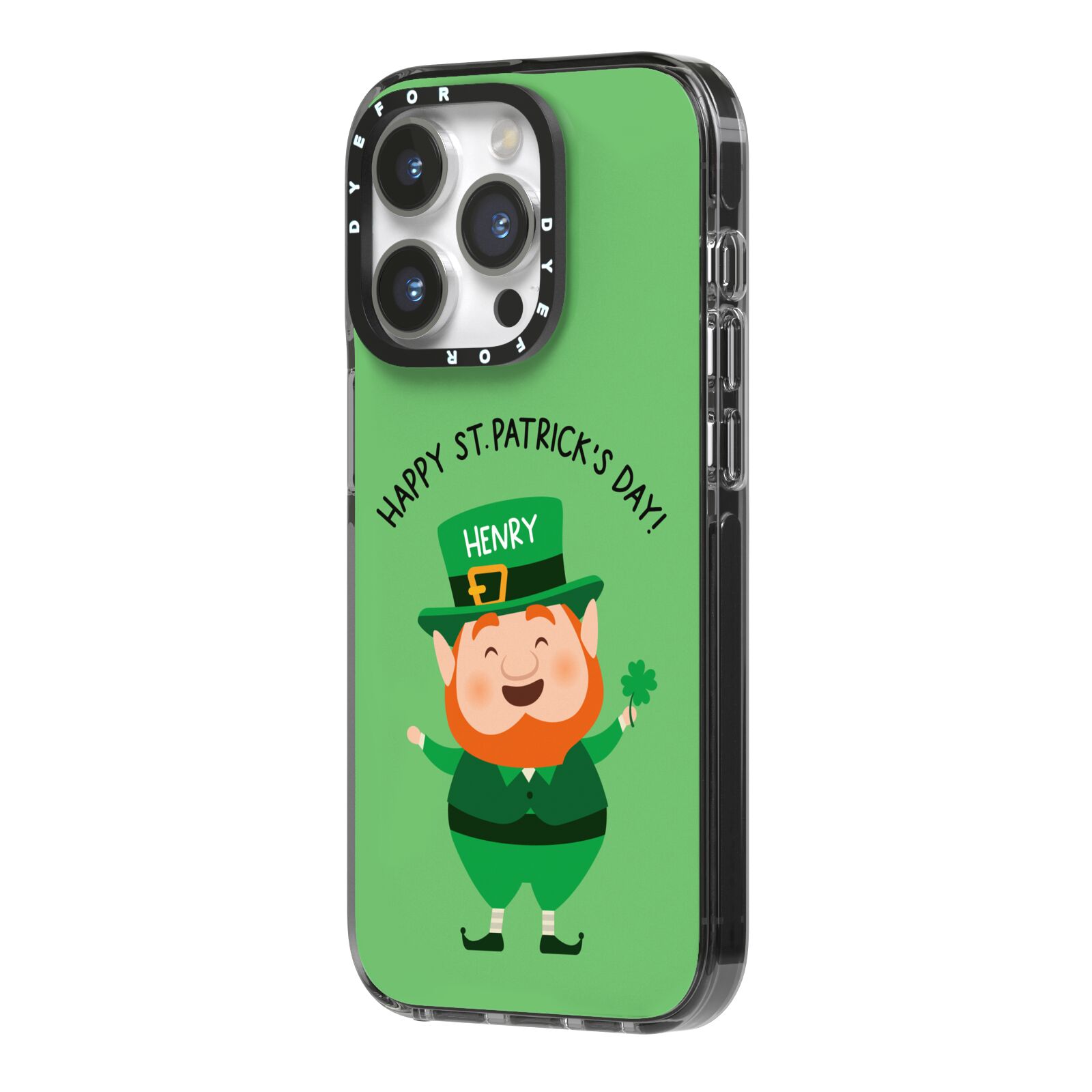 Personalised St Patricks Day Leprechaun iPhone 14 Pro Black Impact Case Side Angle on Silver phone