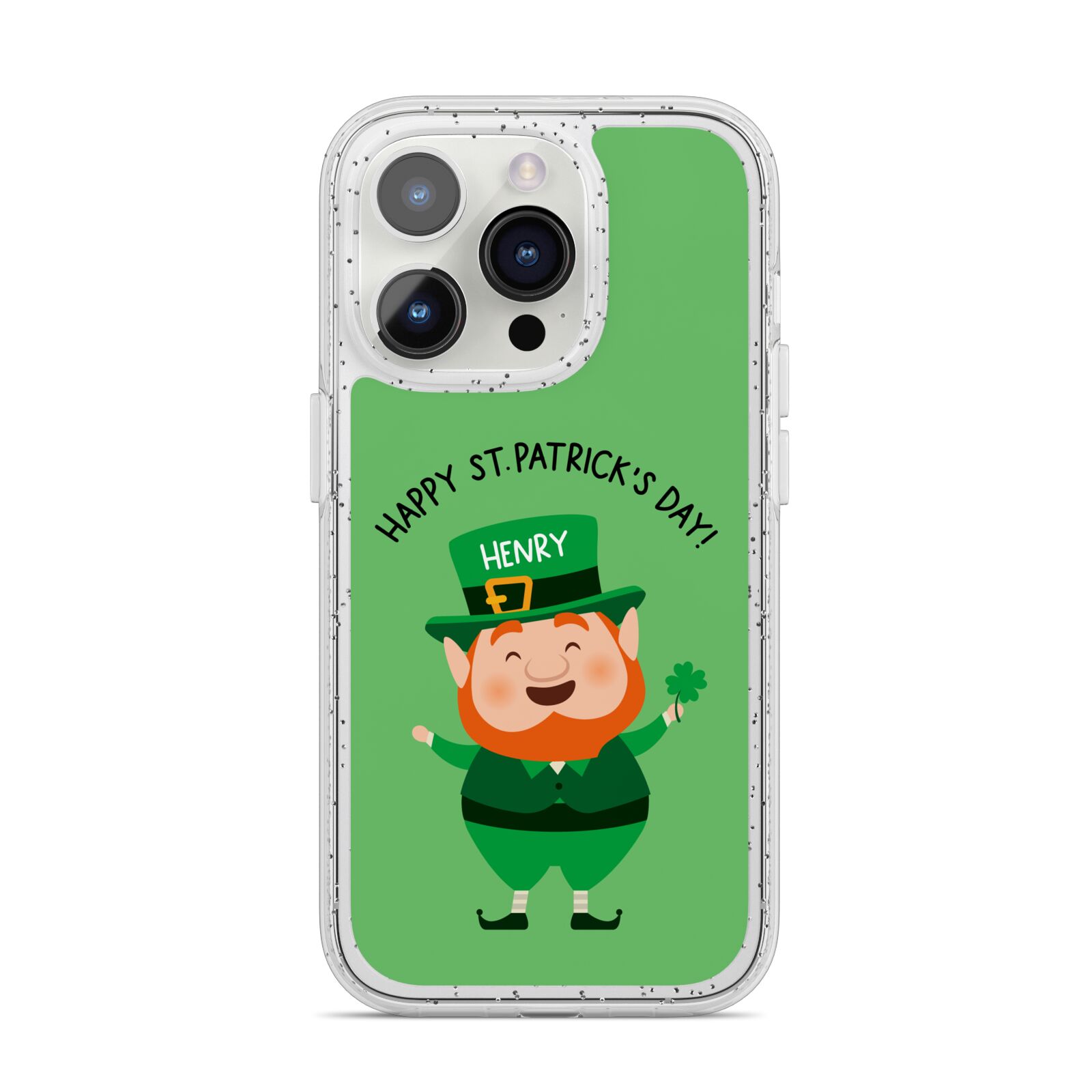 Personalised St Patricks Day Leprechaun iPhone 14 Pro Glitter Tough Case Silver