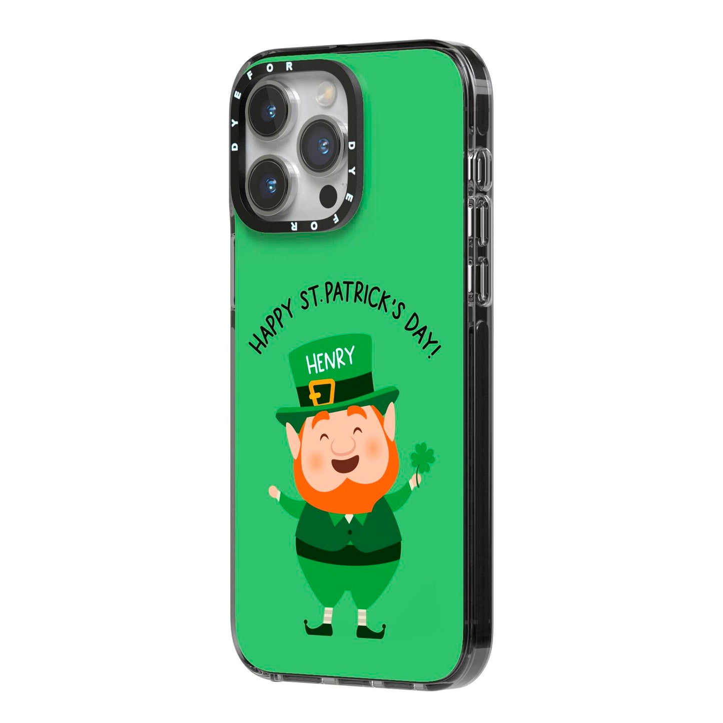 Personalised St Patricks Day Leprechaun iPhone 14 Pro Max Black Impact Case Side Angle on Silver phone