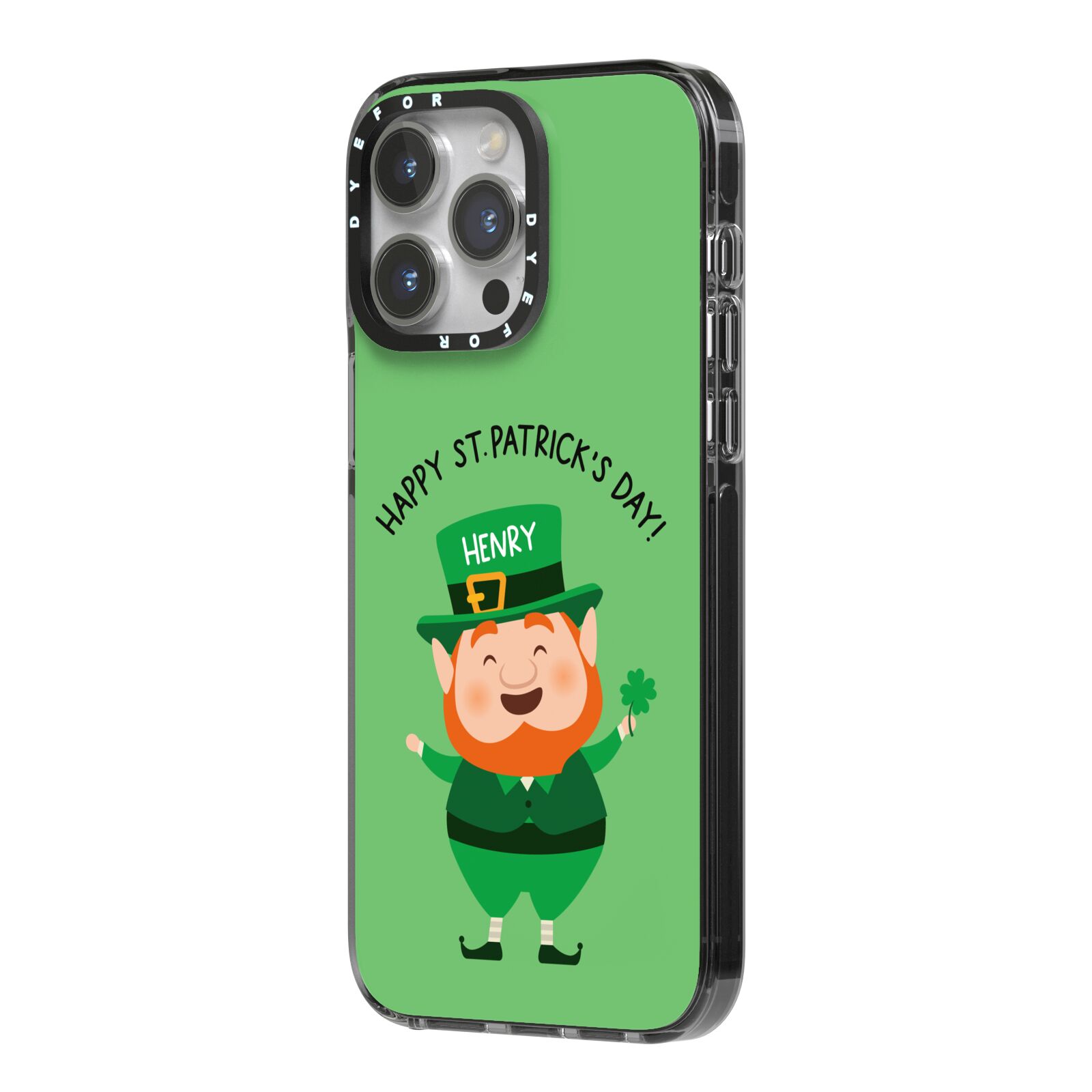 Personalised St Patricks Day Leprechaun iPhone 14 Pro Max Black Impact Case Side Angle on Silver phone