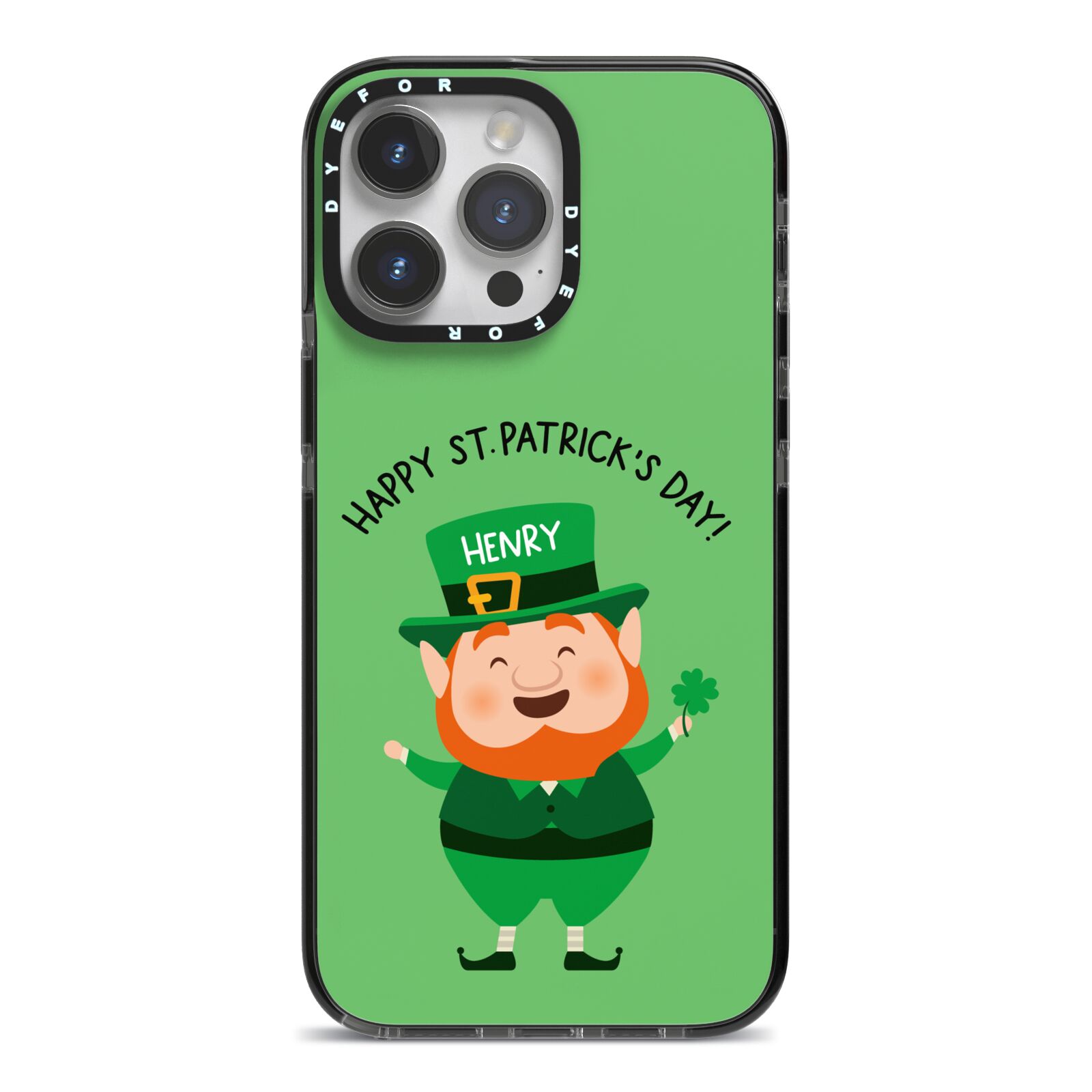 Personalised St Patricks Day Leprechaun iPhone 14 Pro Max Black Impact Case on Silver phone