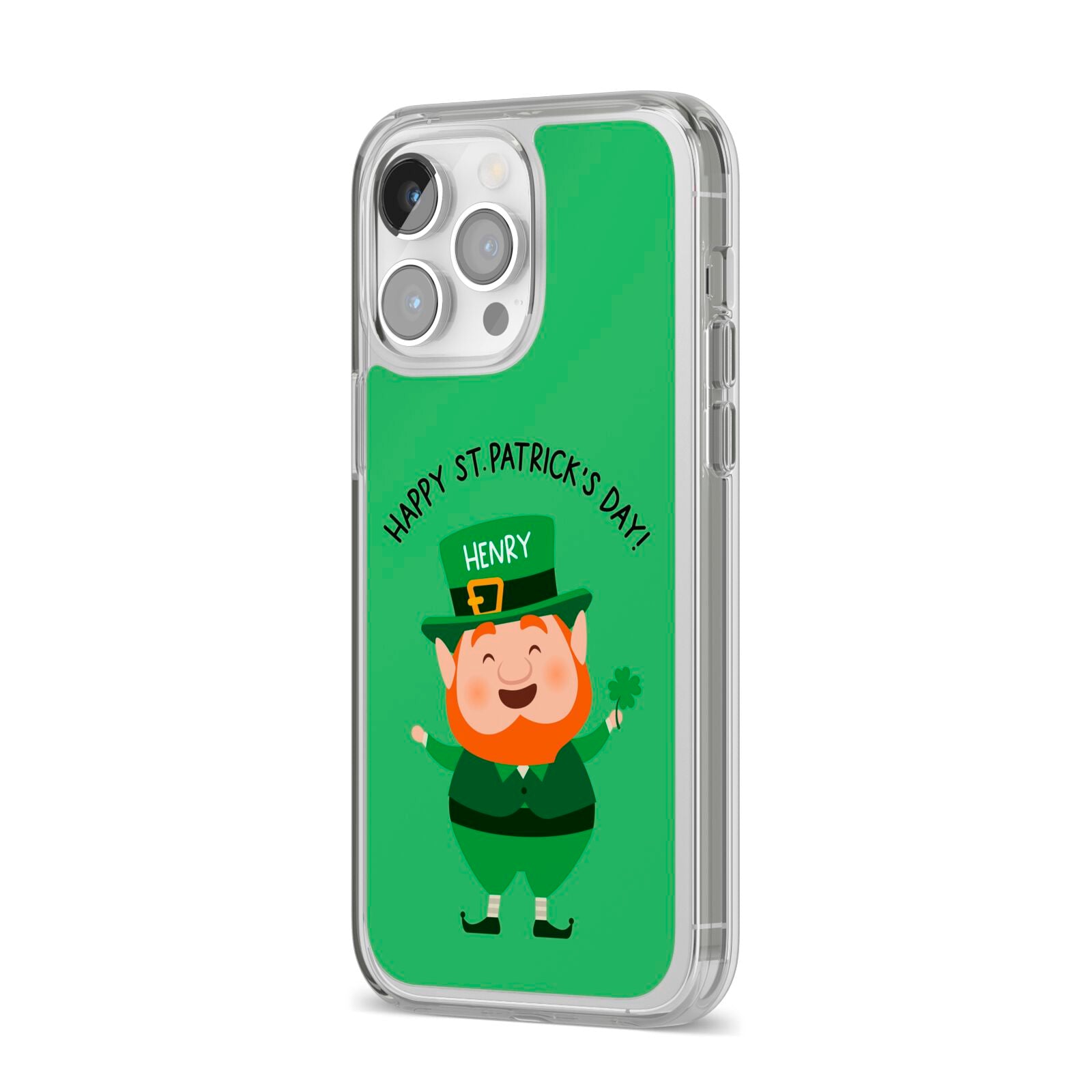 Personalised St Patricks Day Leprechaun iPhone 14 Pro Max Clear Tough Case Silver Angled Image