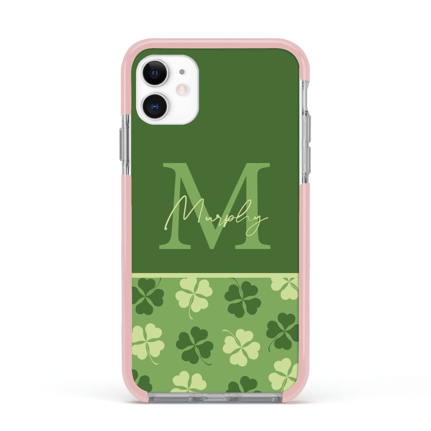 Personalised St Patricks Day Monogram Apple iPhone 11 in White with Pink Impact Case