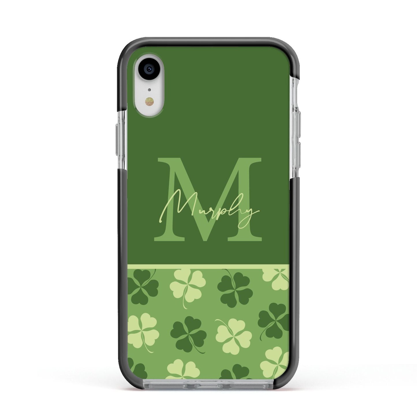 Personalised St Patricks Day Monogram Apple iPhone XR Impact Case Black Edge on Silver Phone