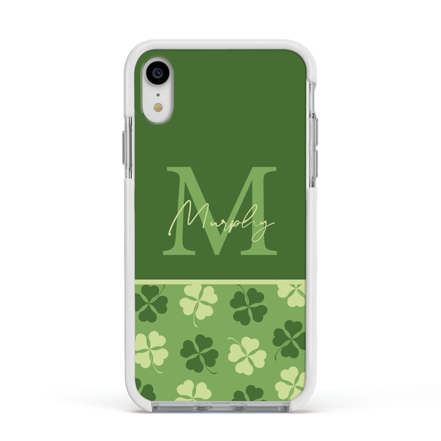 Personalised St Patricks Day Monogram Apple iPhone XR Impact Case White Edge on Silver Phone
