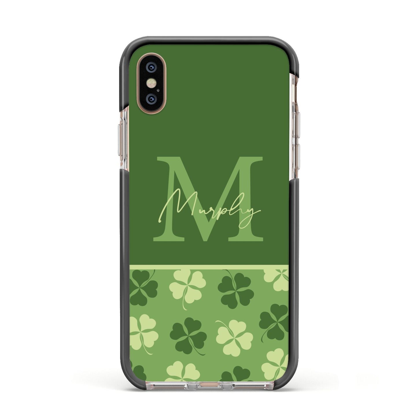 Personalised St Patricks Day Monogram Apple iPhone Xs Impact Case Black Edge on Gold Phone