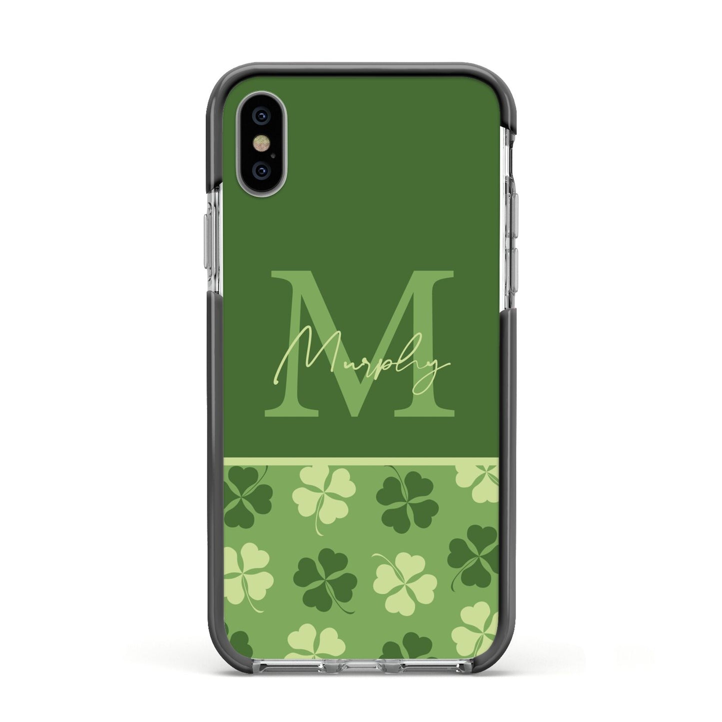 Personalised St Patricks Day Monogram Apple iPhone Xs Impact Case Black Edge on Silver Phone