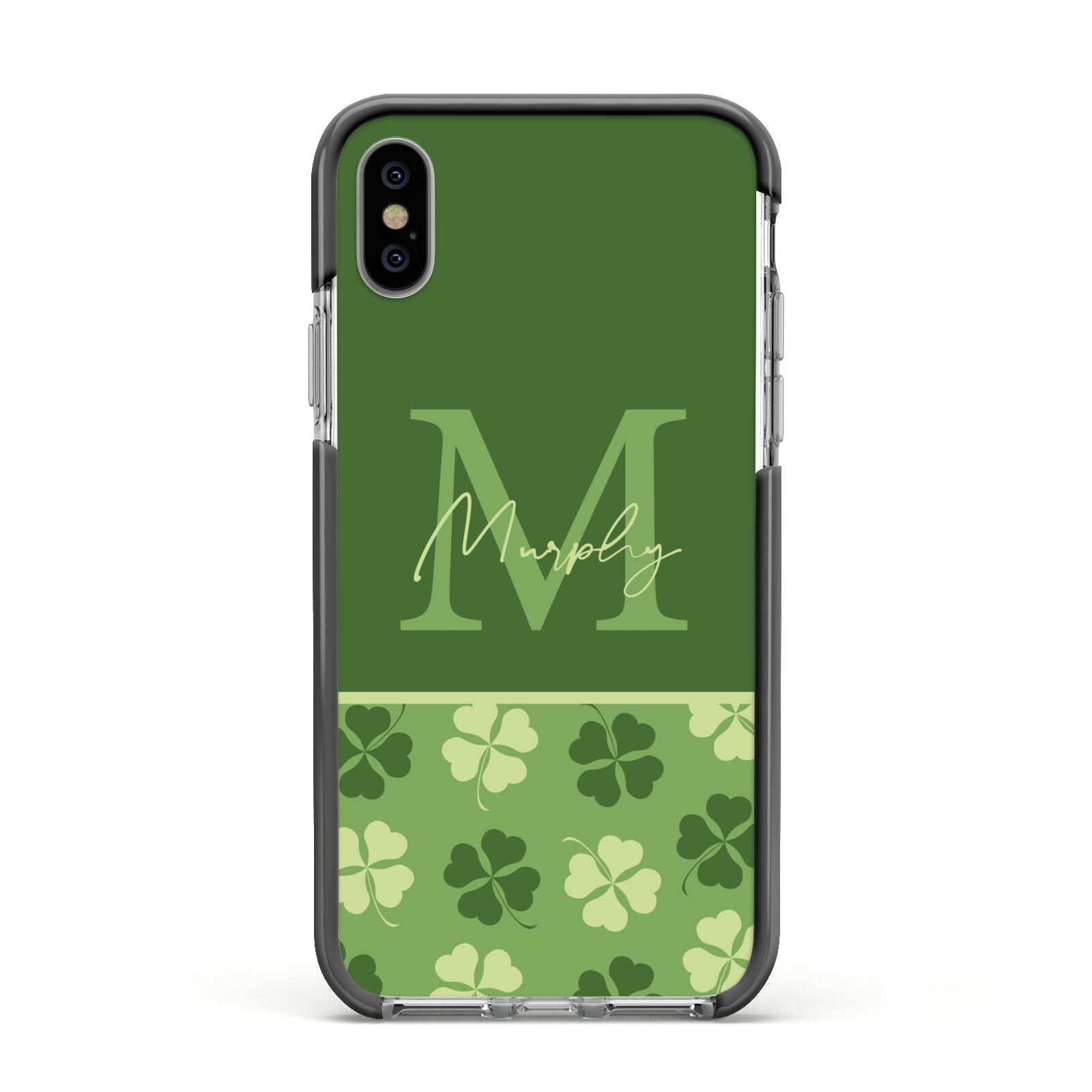 Personalised St Patricks Day Monogram Apple iPhone Xs Impact Case Black Edge on Silver Phone