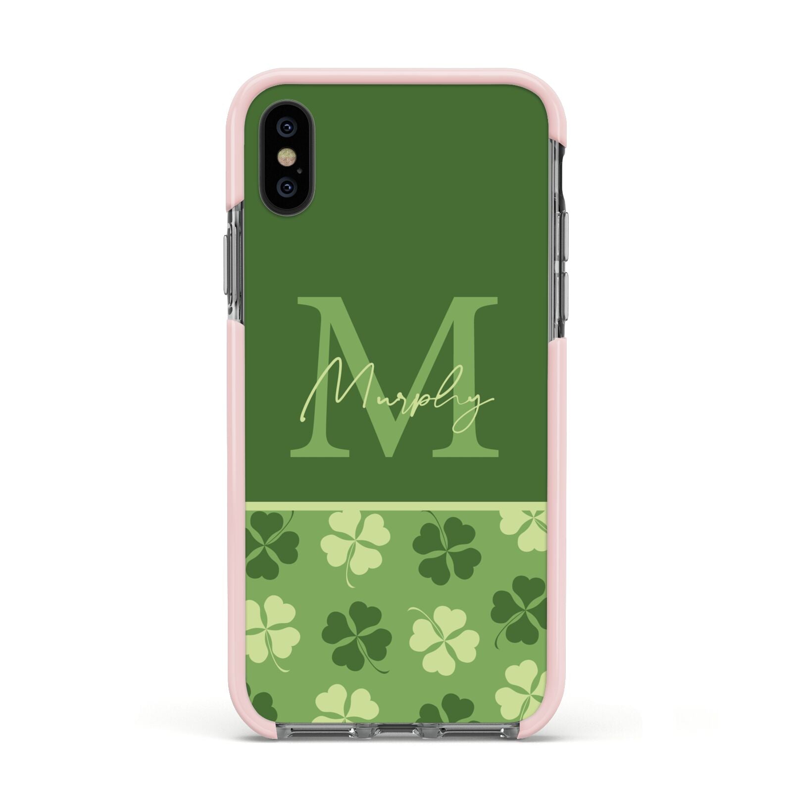 Personalised St Patricks Day Monogram Apple iPhone Xs Impact Case Pink Edge on Black Phone